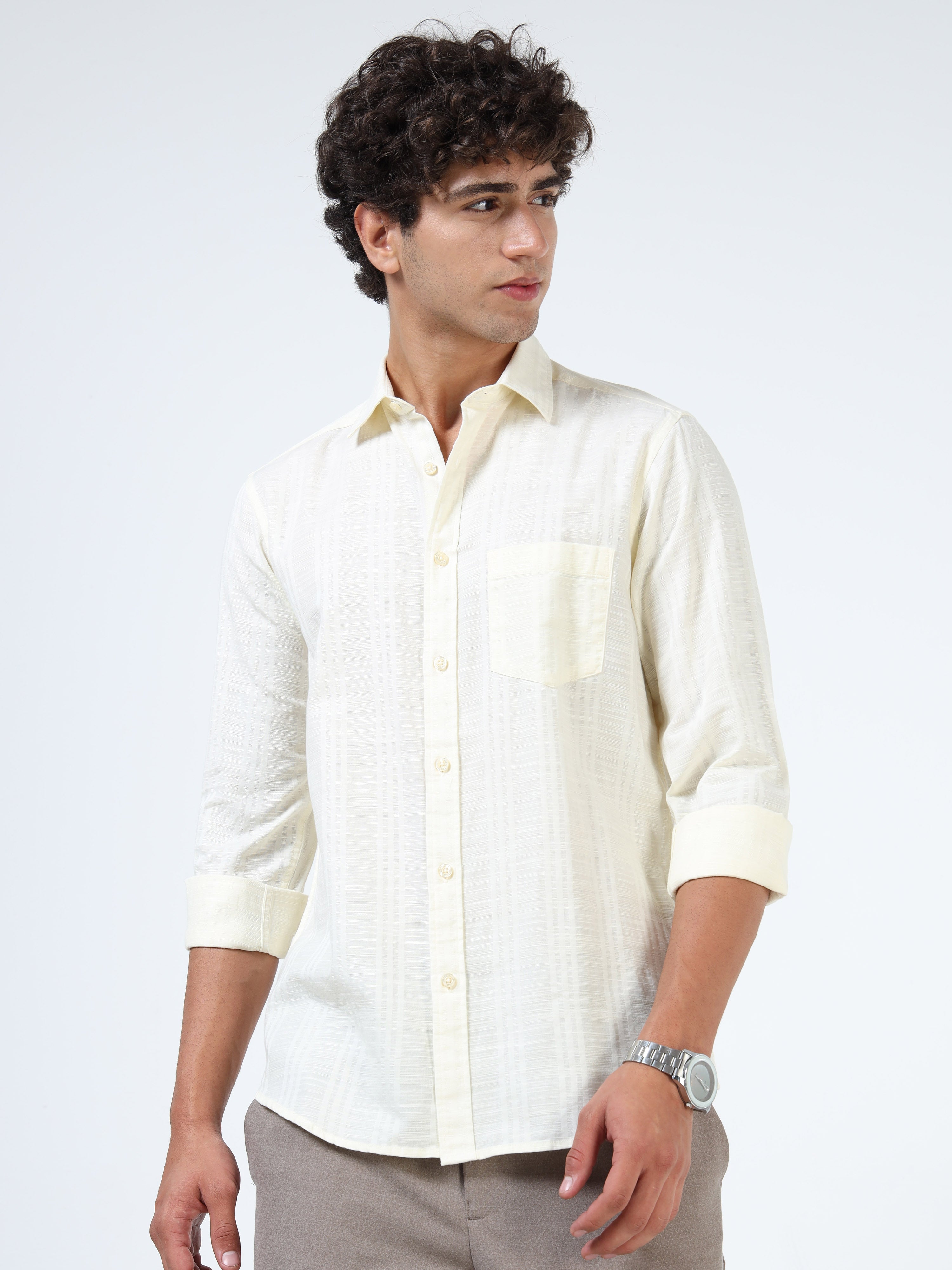 Men Off White Cotton Shirt