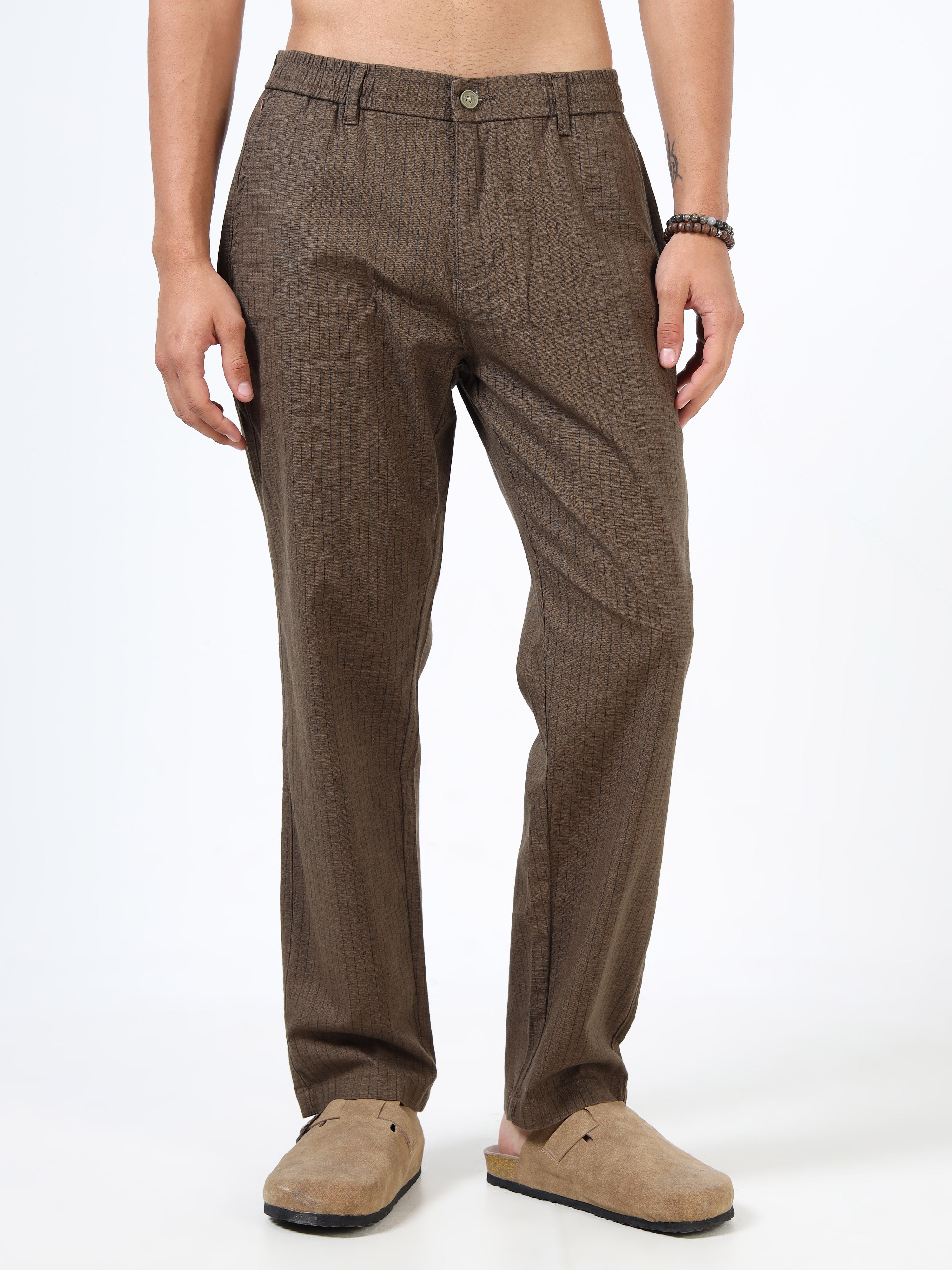 Men Brown Cotton Relaxed Fit Trousers
