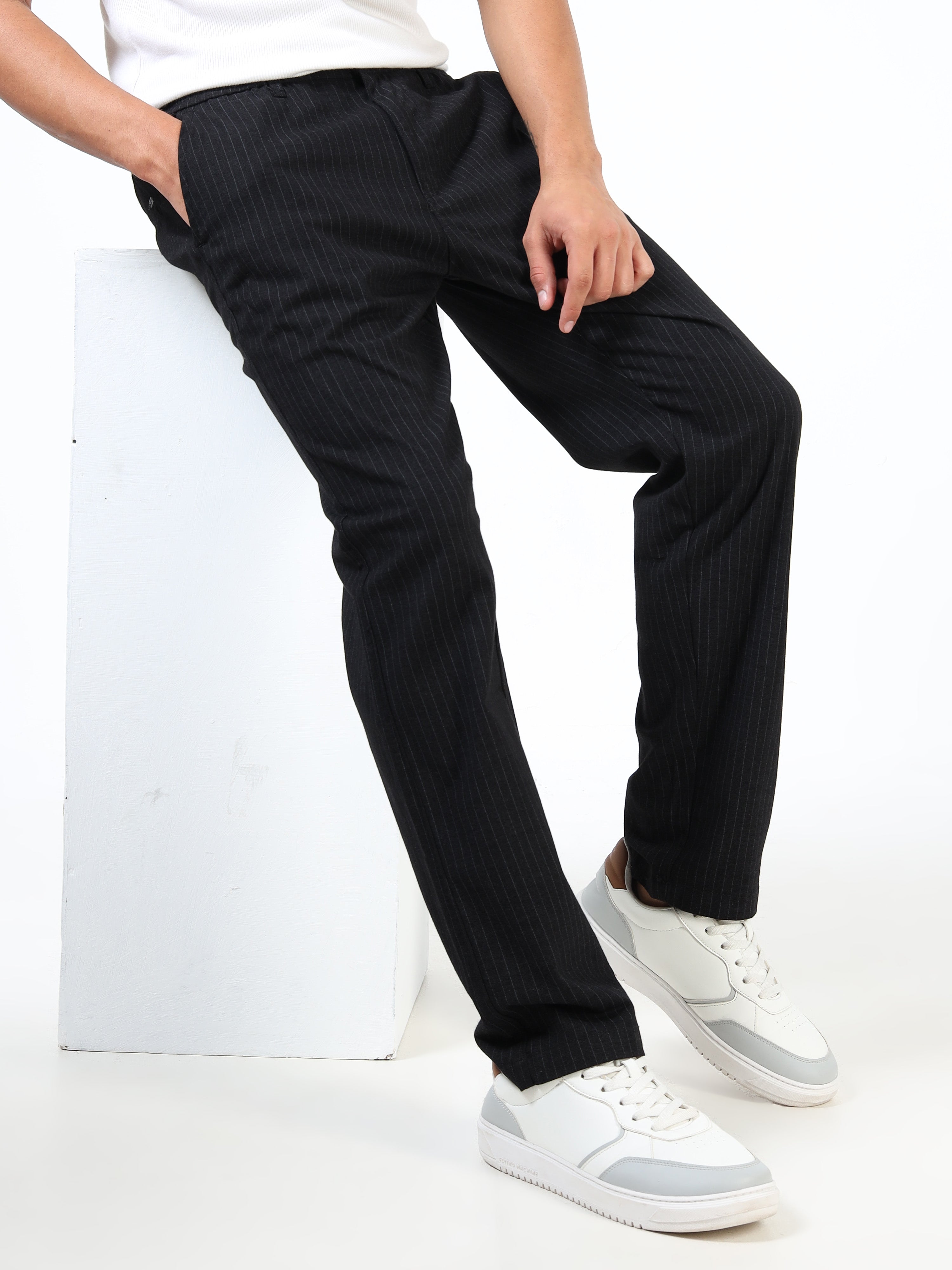 Men Black Cotton Relaxed Fit Trousers