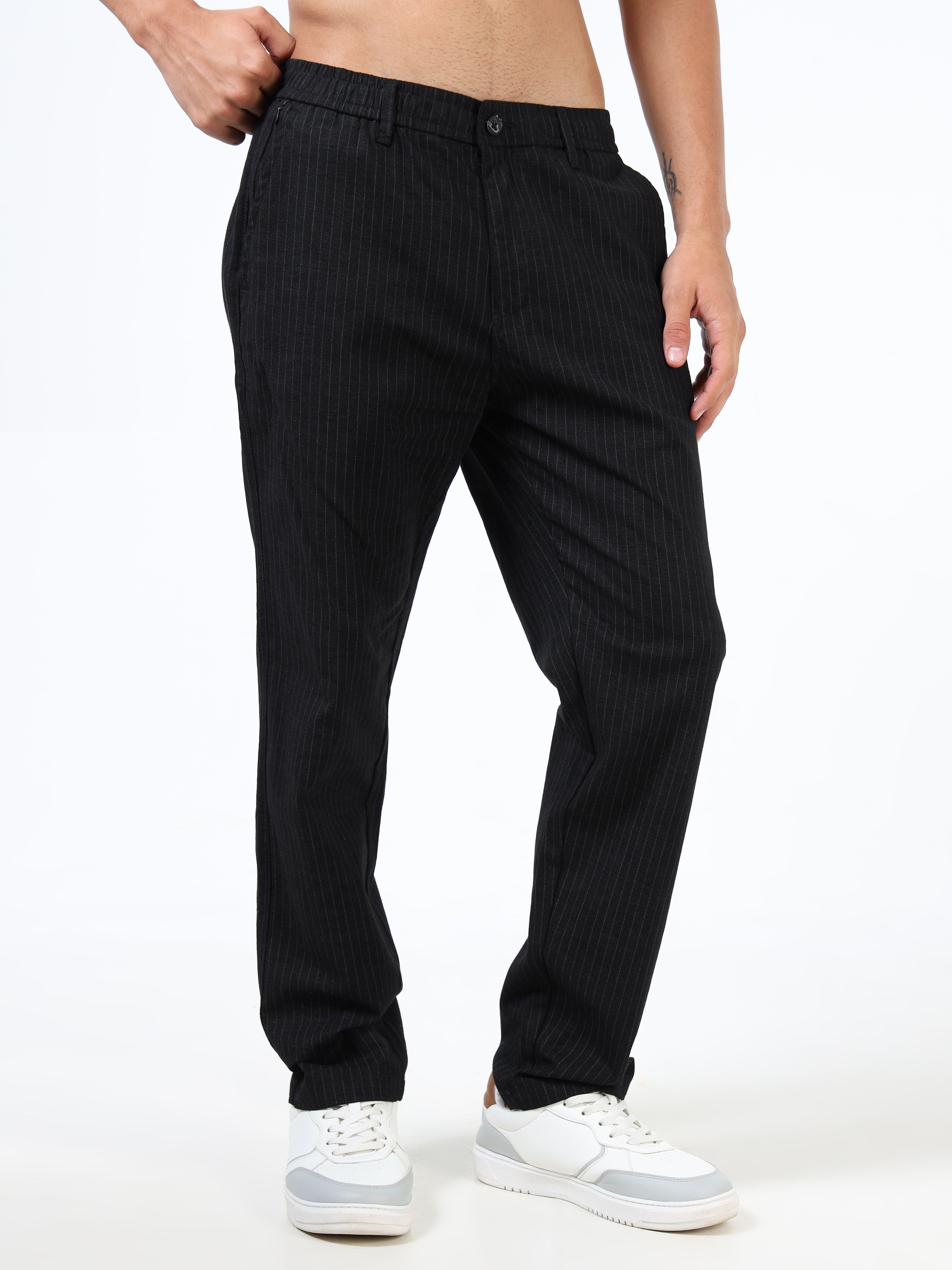 Men Black Cotton Relaxed Fit Trousers