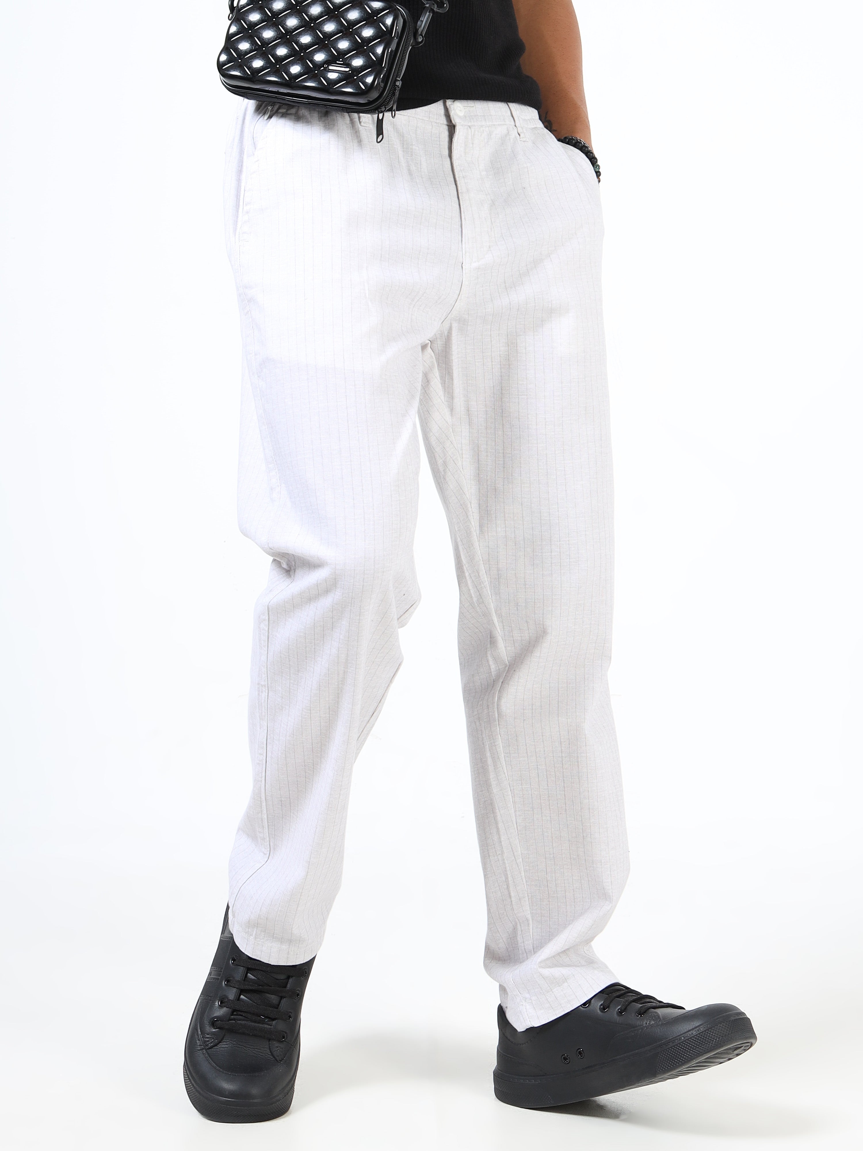 Men White Cotton Relaxed Fit Trousers
