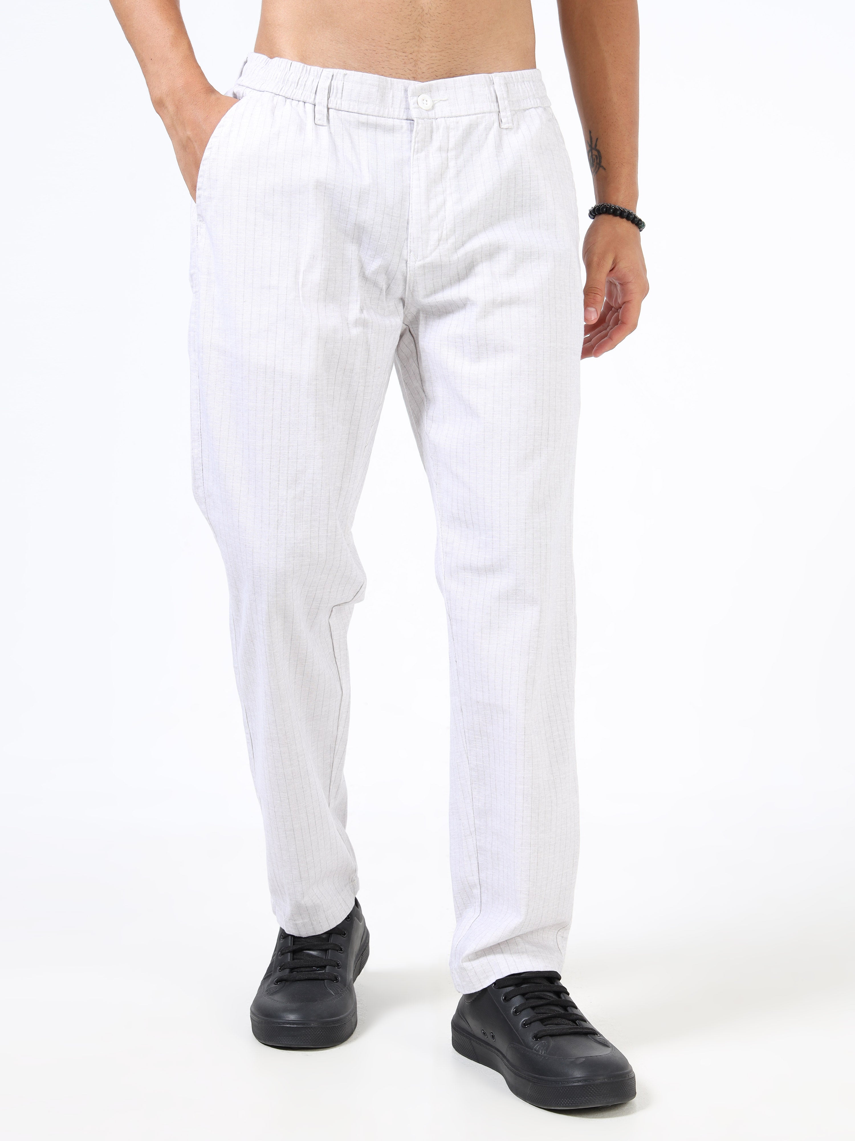 Men White Cotton Relaxed Fit Trousers
