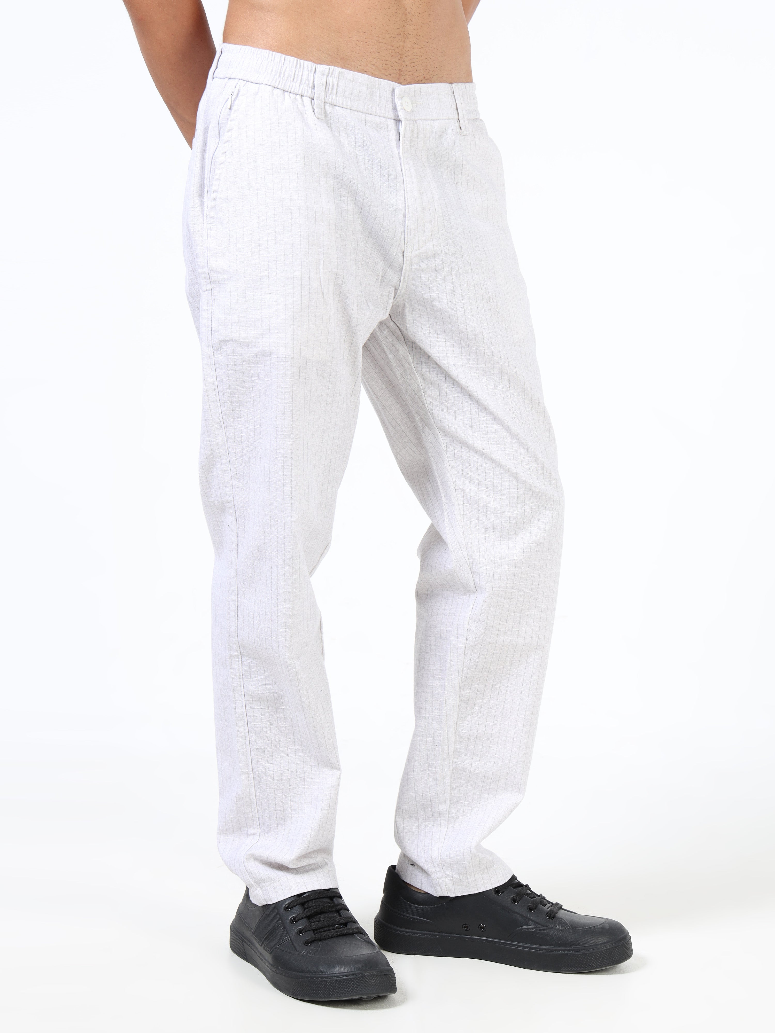 Men White Cotton Relaxed Fit Trousers