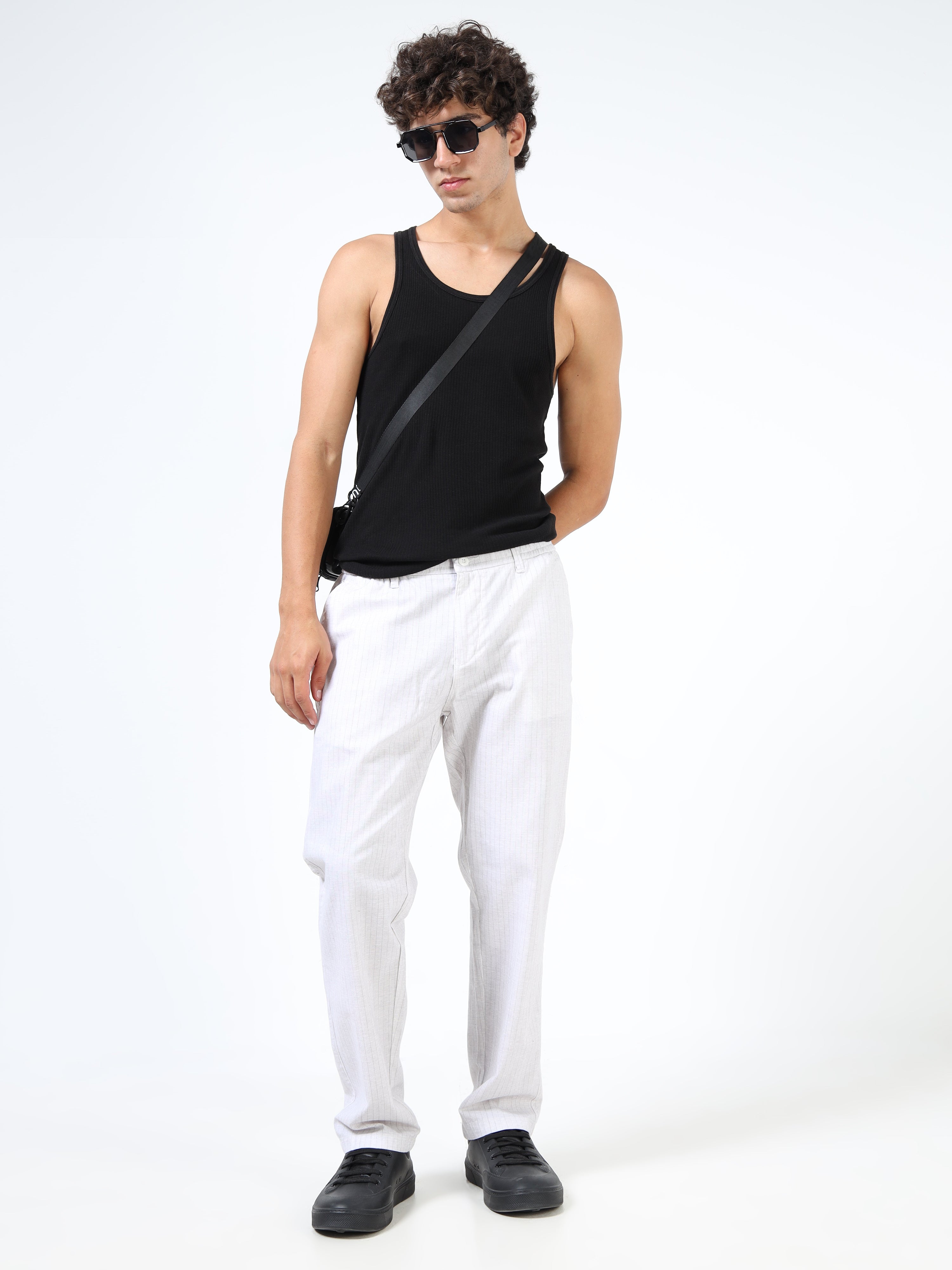Men White Cotton Relaxed Fit Trousers
