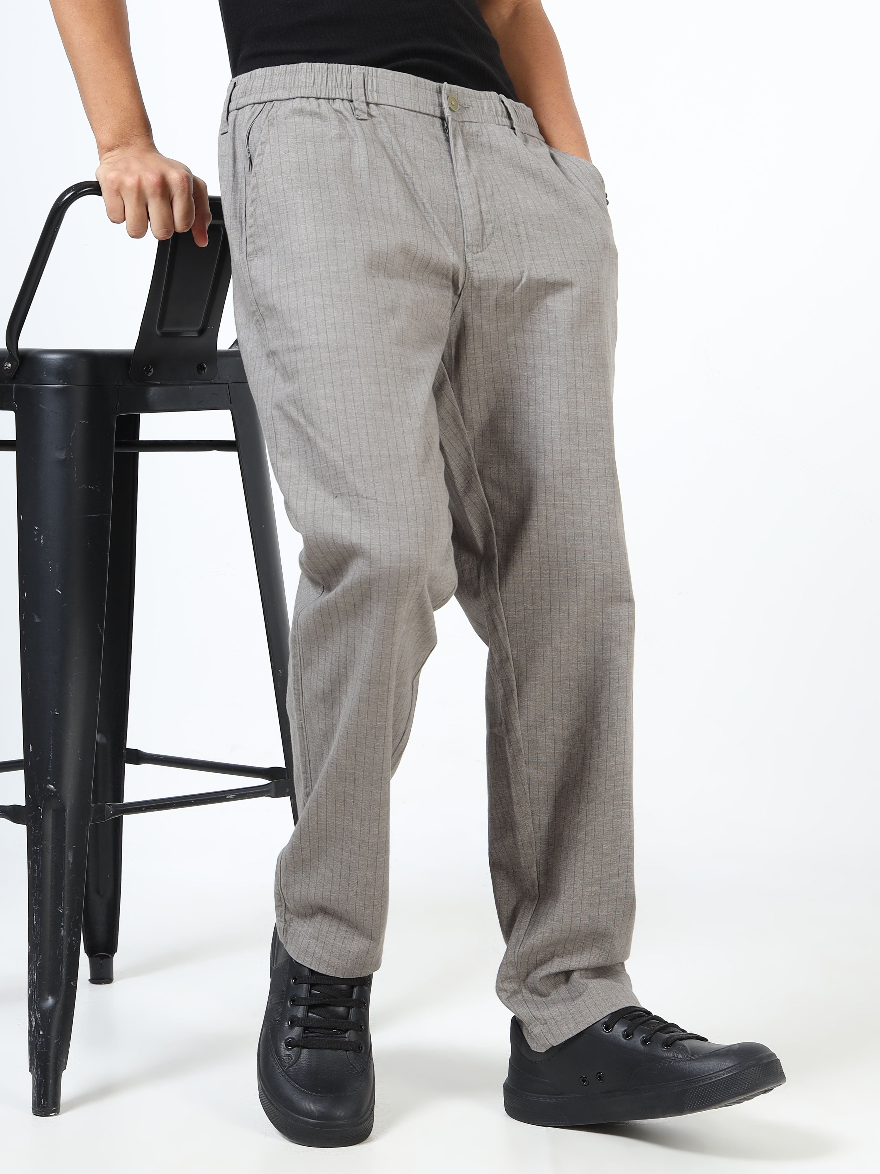 Men Grey Cotton Relaxed Fit Trousers