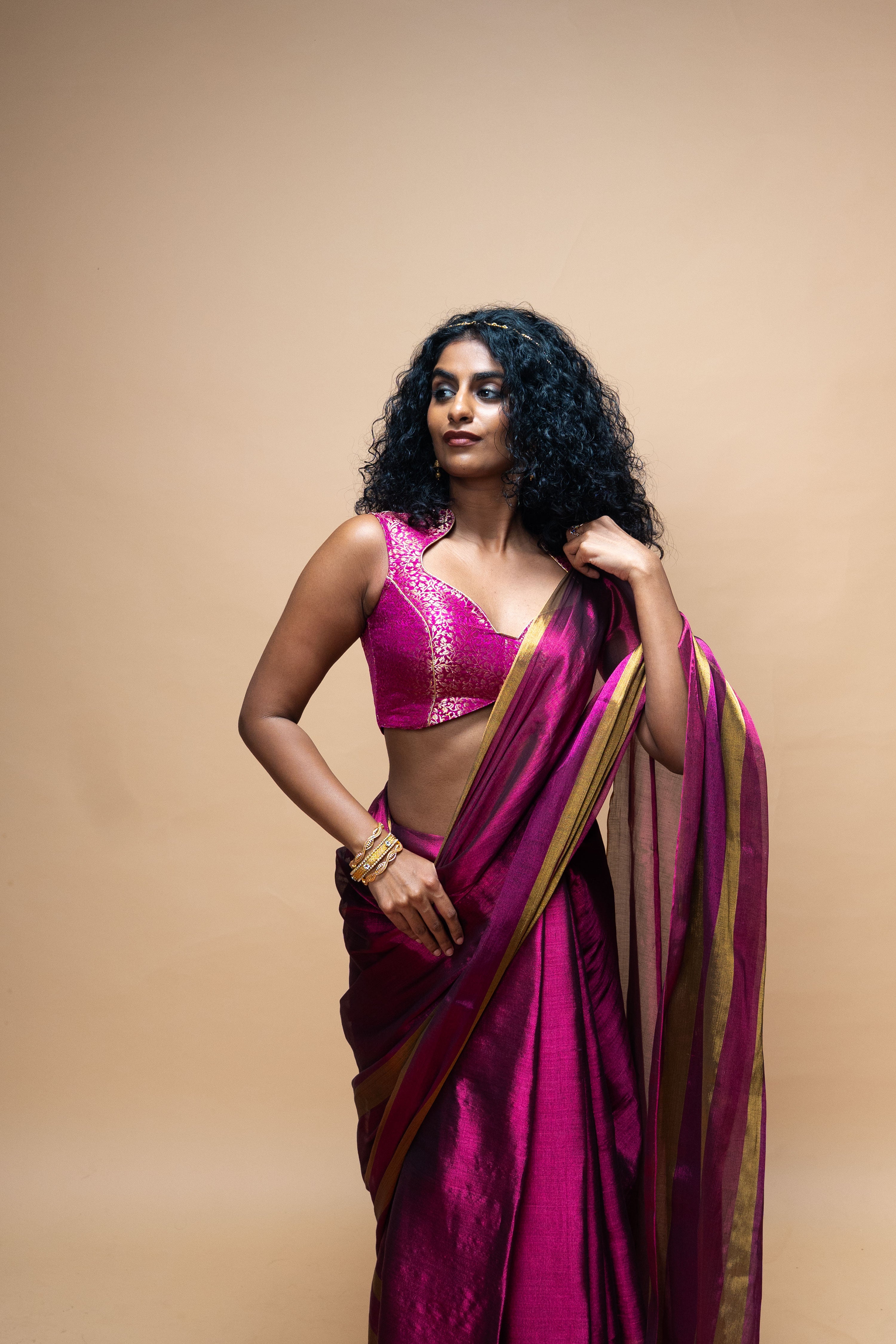 SAMVARA I Dark Pink Handwoven Tissue Saree with Multicoloured Striped Border