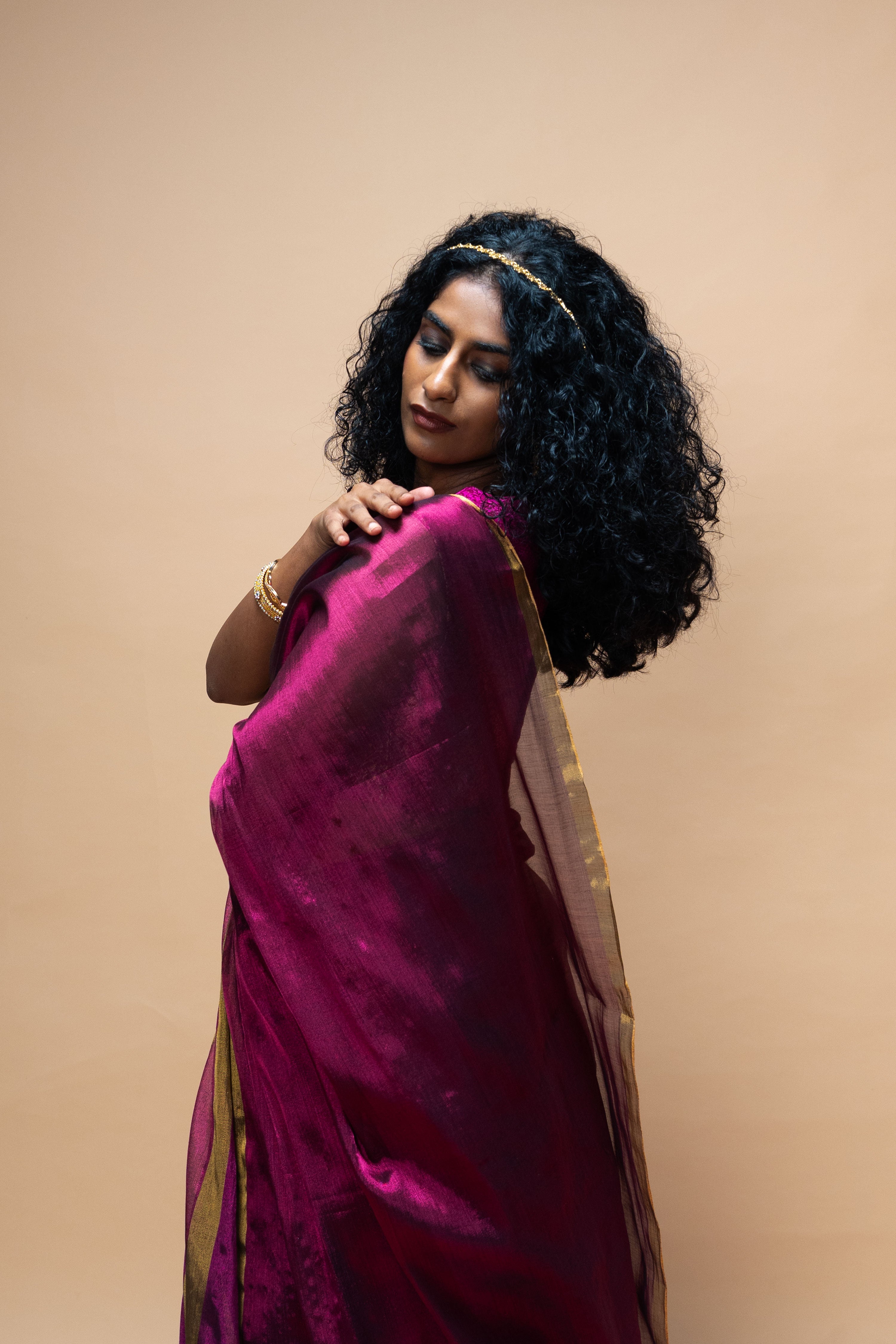 SAMVARA I Dark Pink Handwoven Tissue Saree with Multicoloured Striped Border