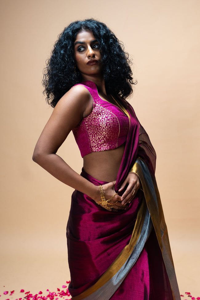 AMEYA I Dark Pink Handwoven Tissue Saree with Gold and Silver Border