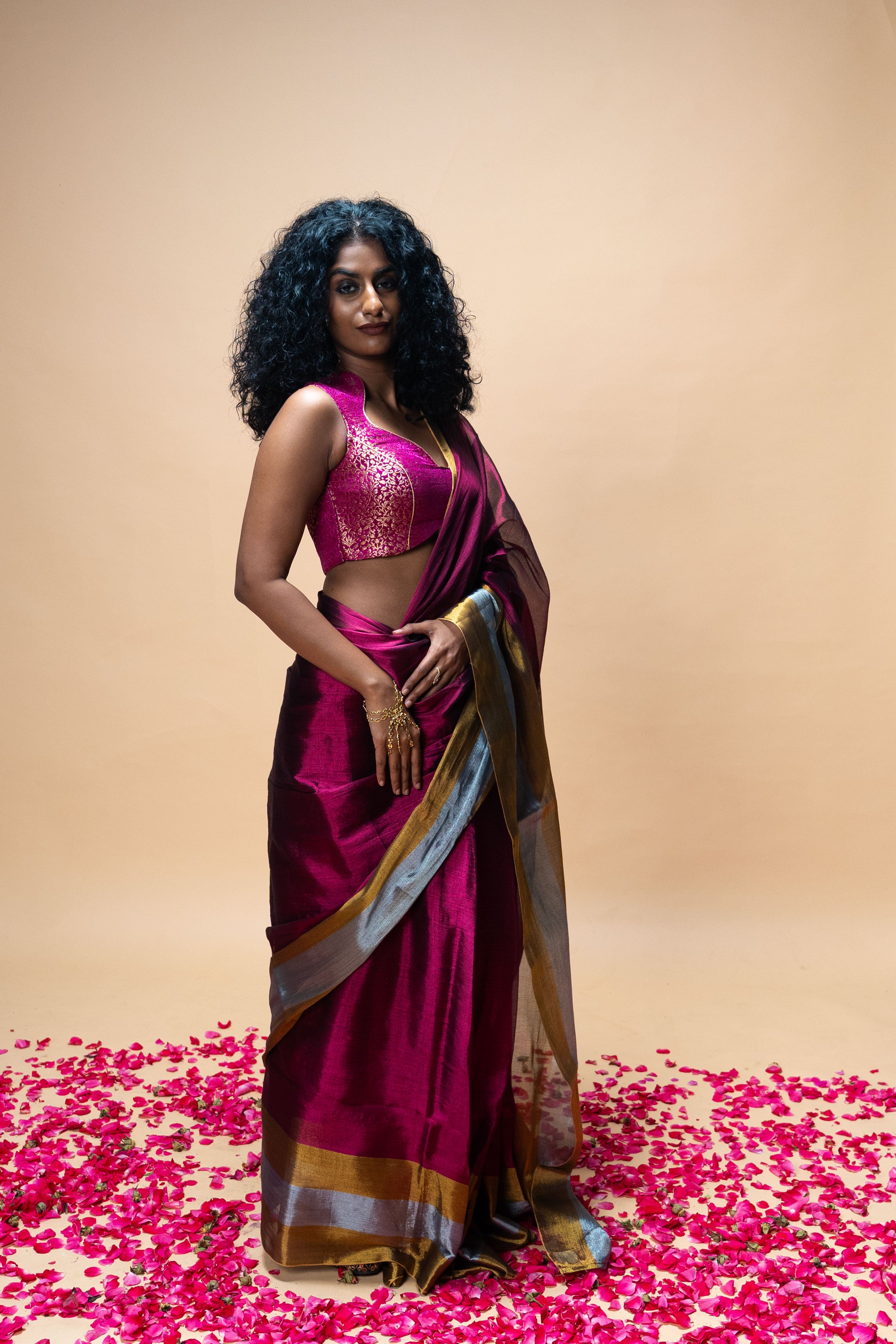 AMEYA I Dark Pink Handwoven Tissue Saree with Gold and Silver Border
