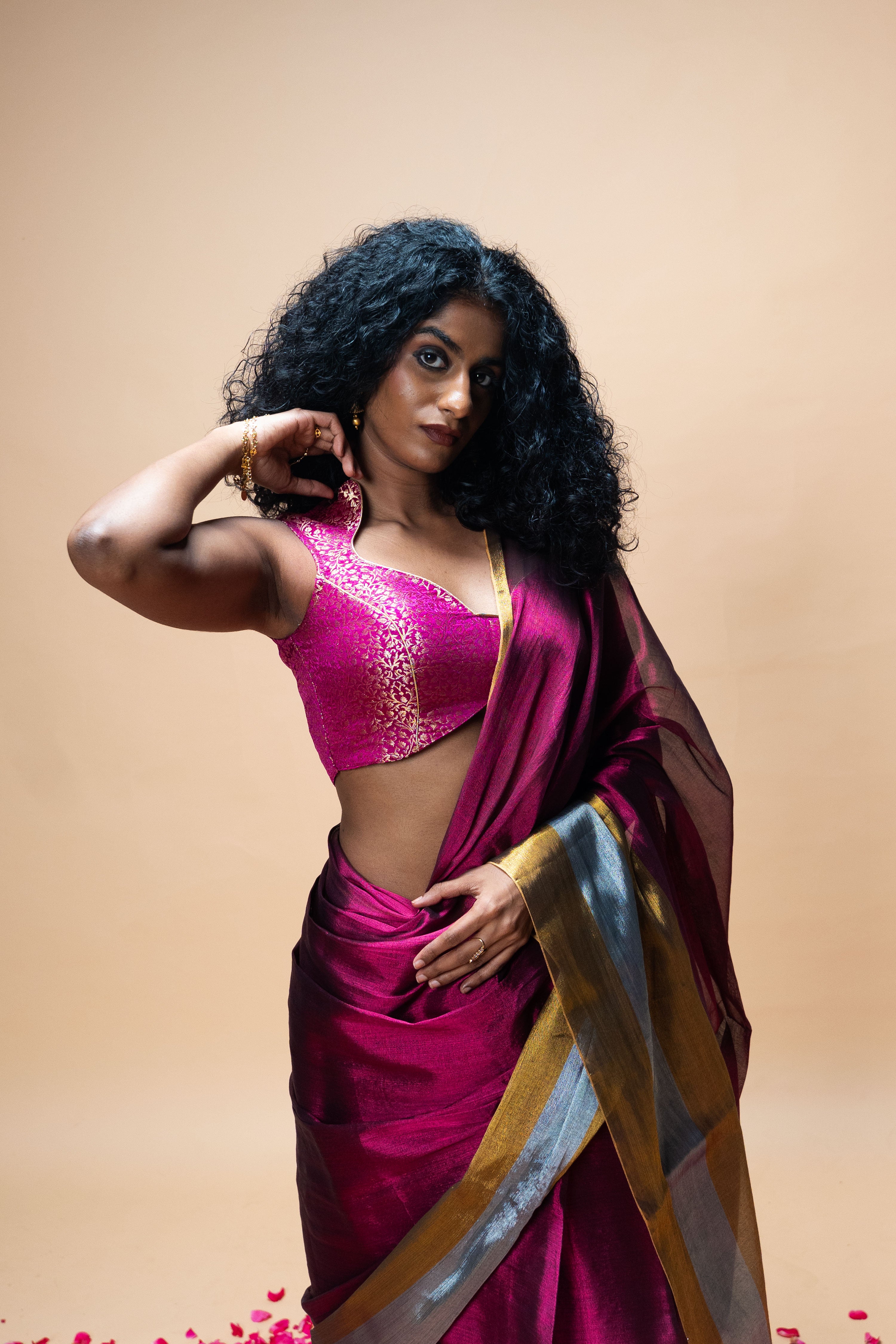 AMEYA I Dark Pink Handwoven Tissue Saree with Gold and Silver Border