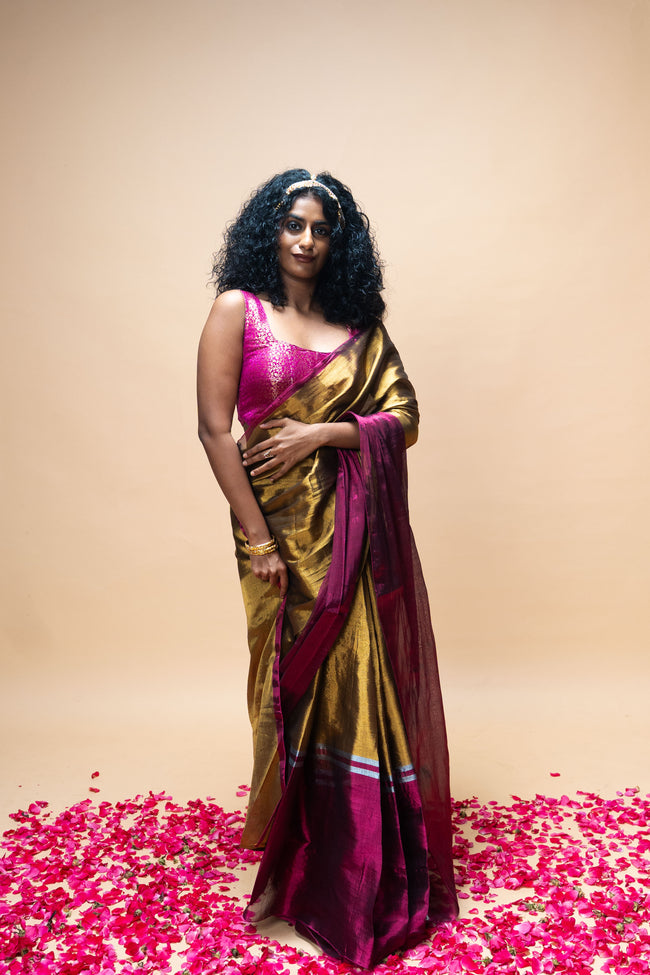TAVYA I Gold Handwoven Tissue Saree with Dark Pink and Silver Striped Border