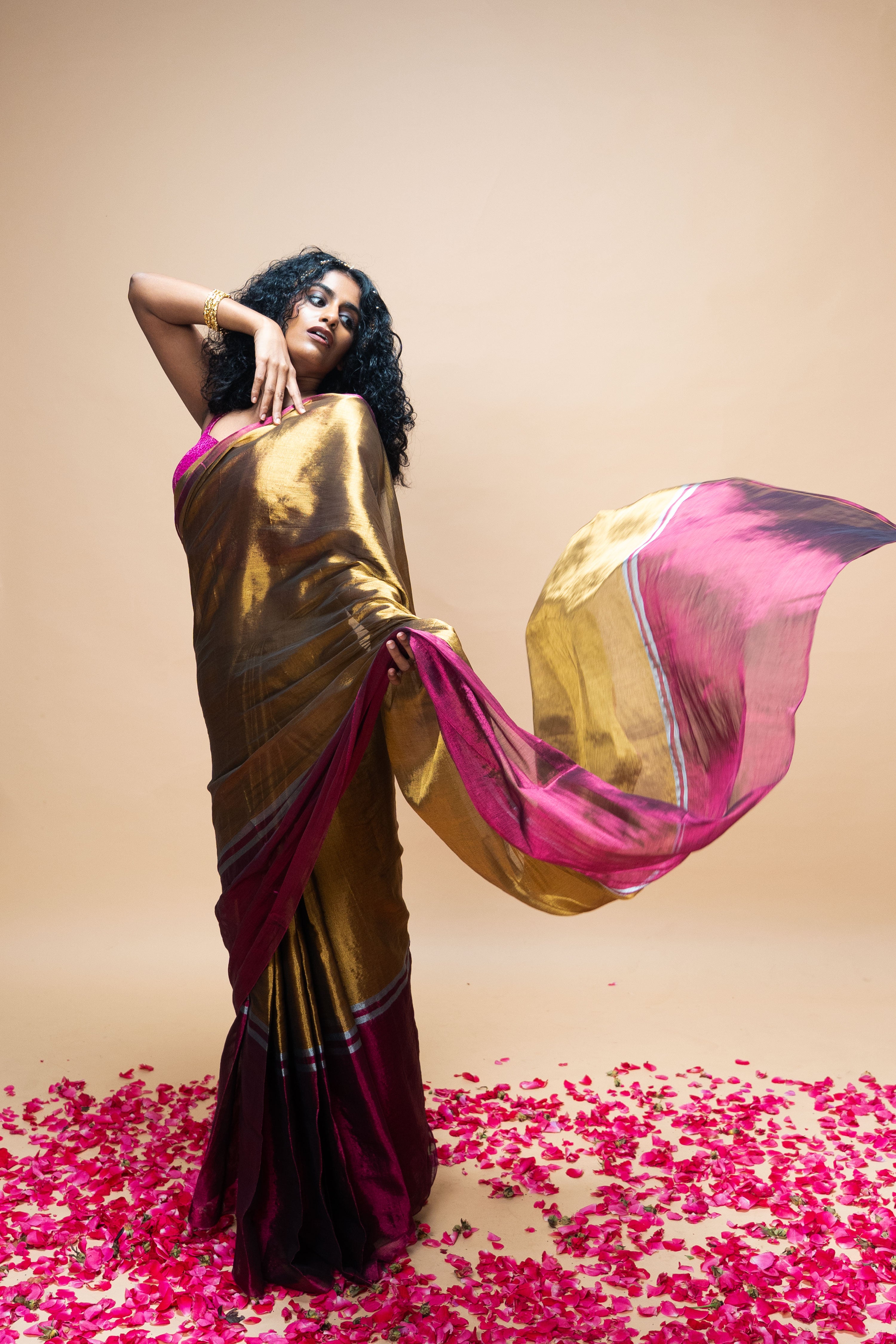 TAVYA I Gold Handwoven Tissue Saree with Dark Pink and Silver Striped Border