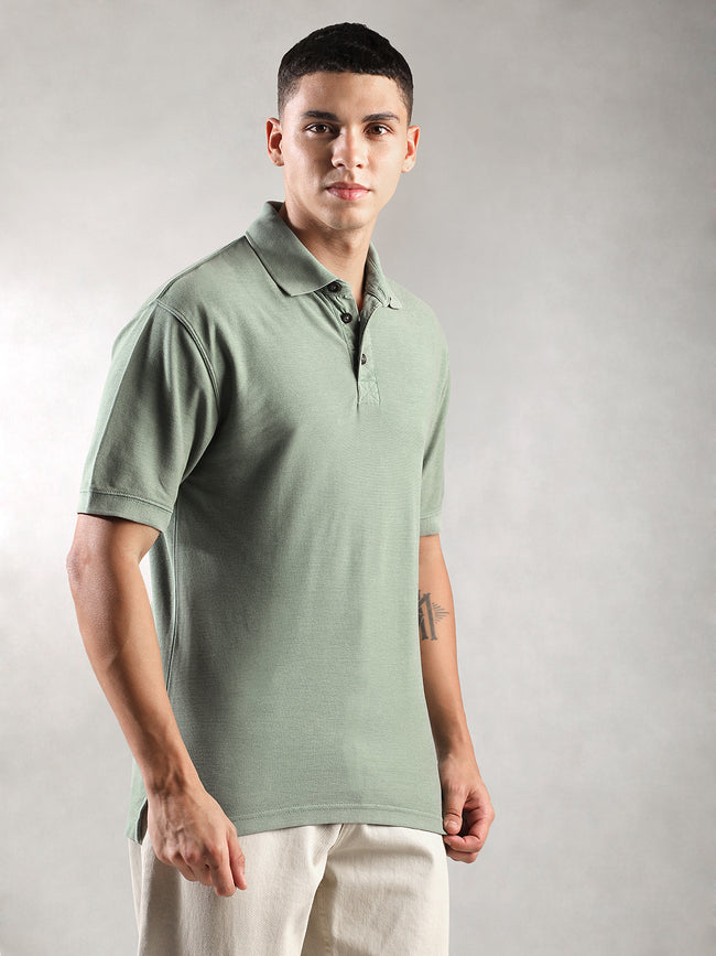 Men Sage Drop Shoulder Oversize Polo T-Shirt