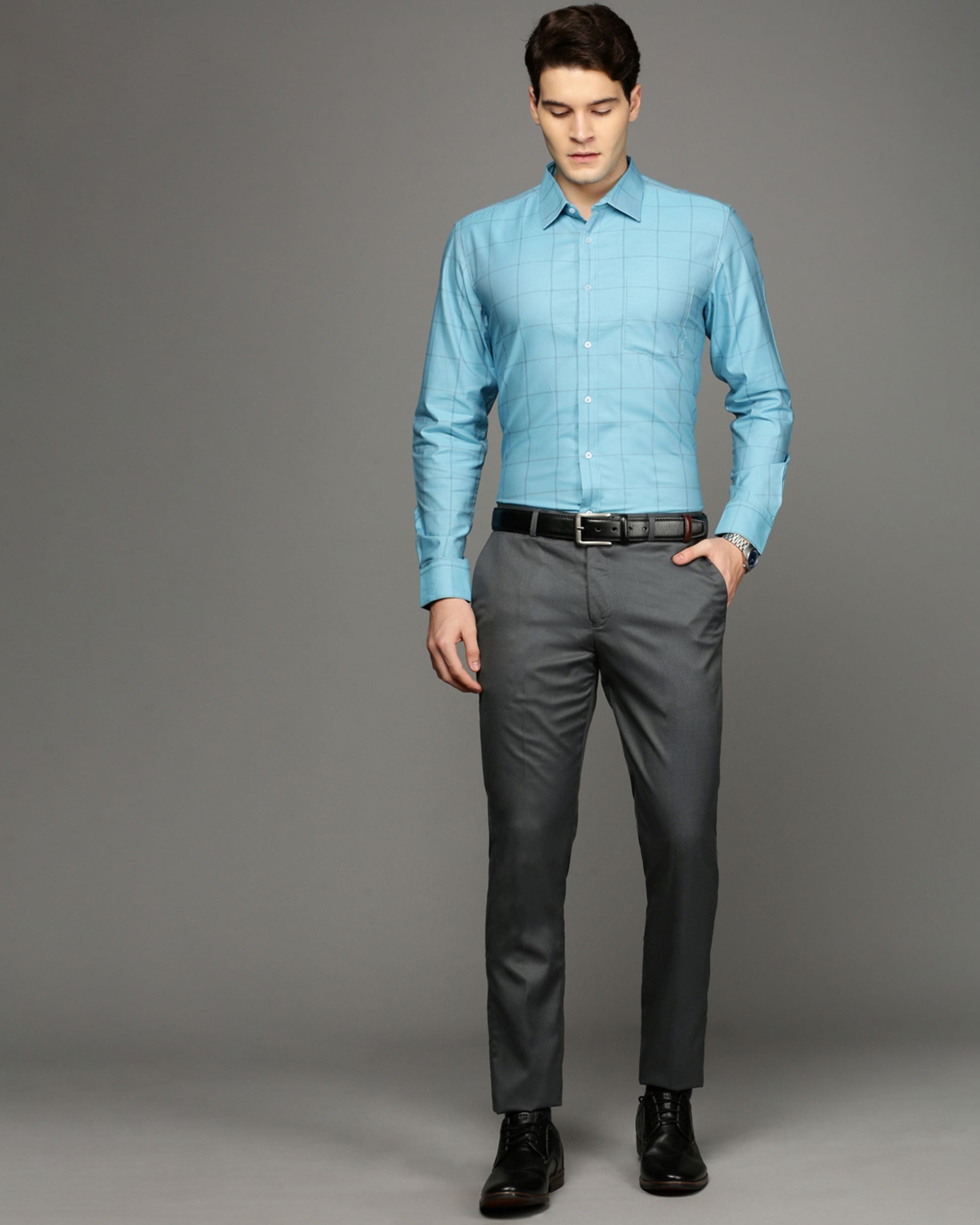 Men Blue Cotton Blend Slim Shirt