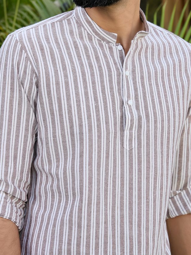 Men Brown Woven Striped Cotton Short Kurta