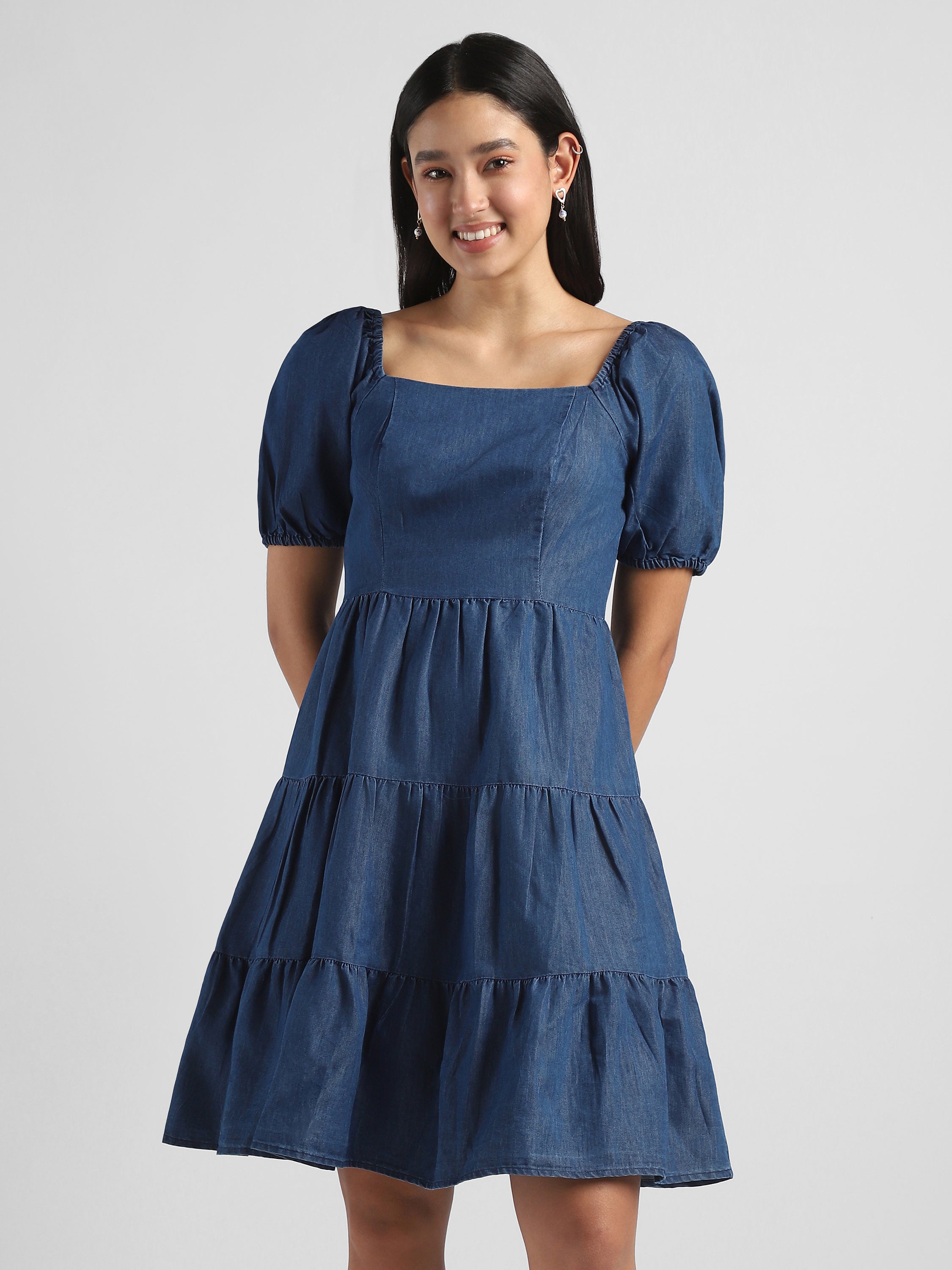 Women Blue Tier Denim Fit & Flare Dress – FYVA