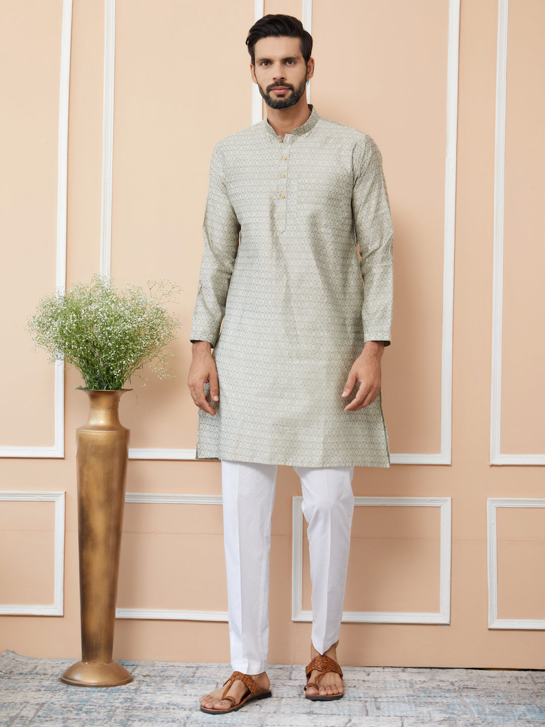 Men Cream Ethnic Motifs Silk Jacquard Woven Design Straight Kurta
