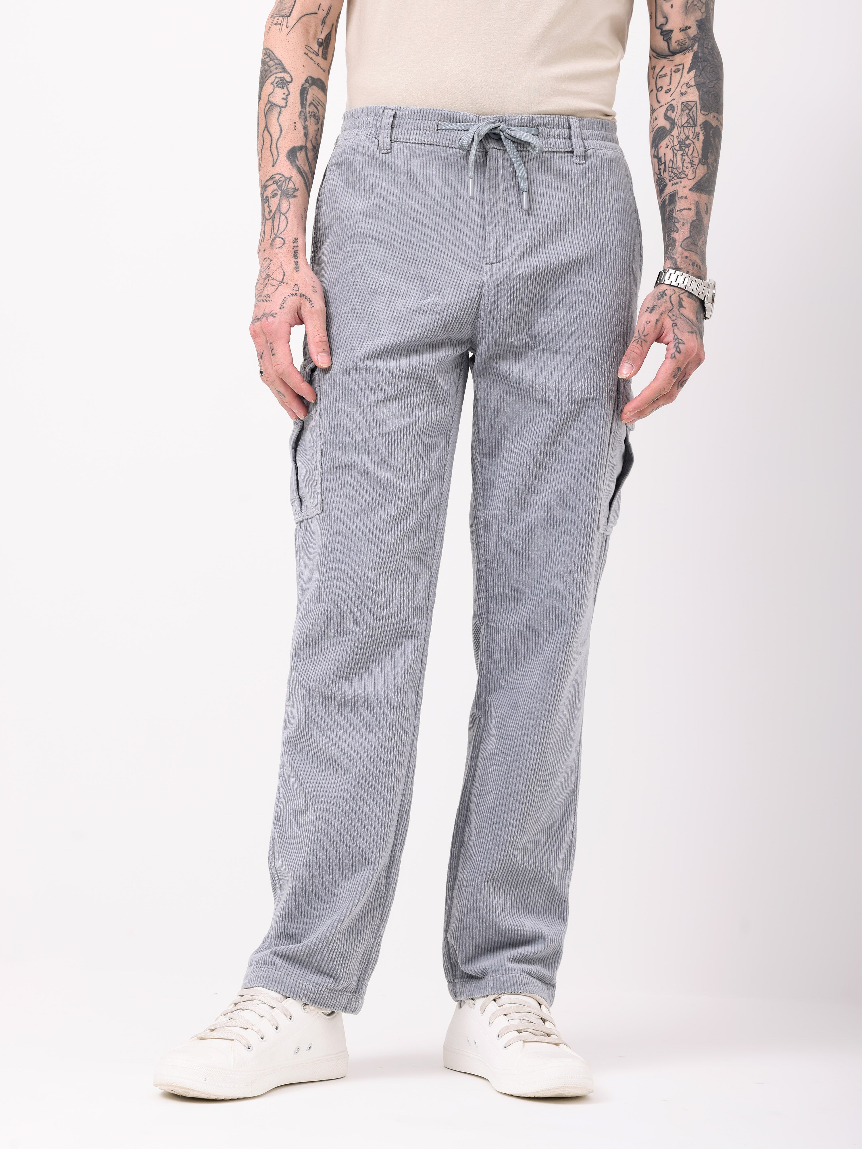 Men Grey Corduroy Regular Fit Cargo Pants