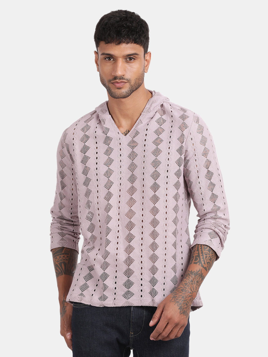 Men Pink Regular Fit Spread Collar Full Sleeve Hoodie