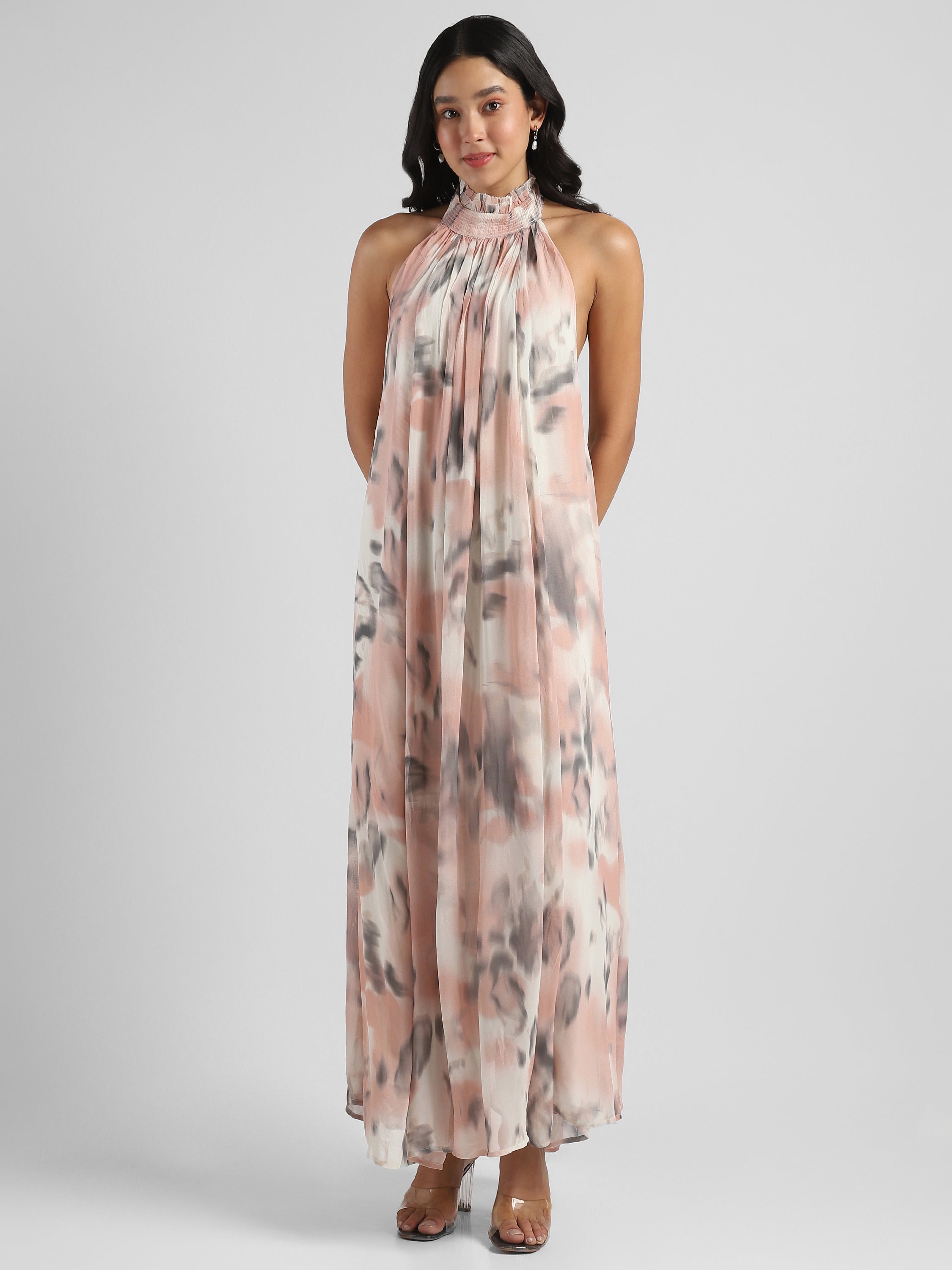Women printed Backless maxi Flared dress