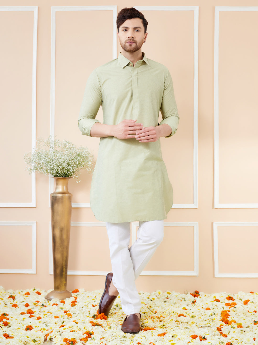 Men Green Cotton Solid Pathani Kurta