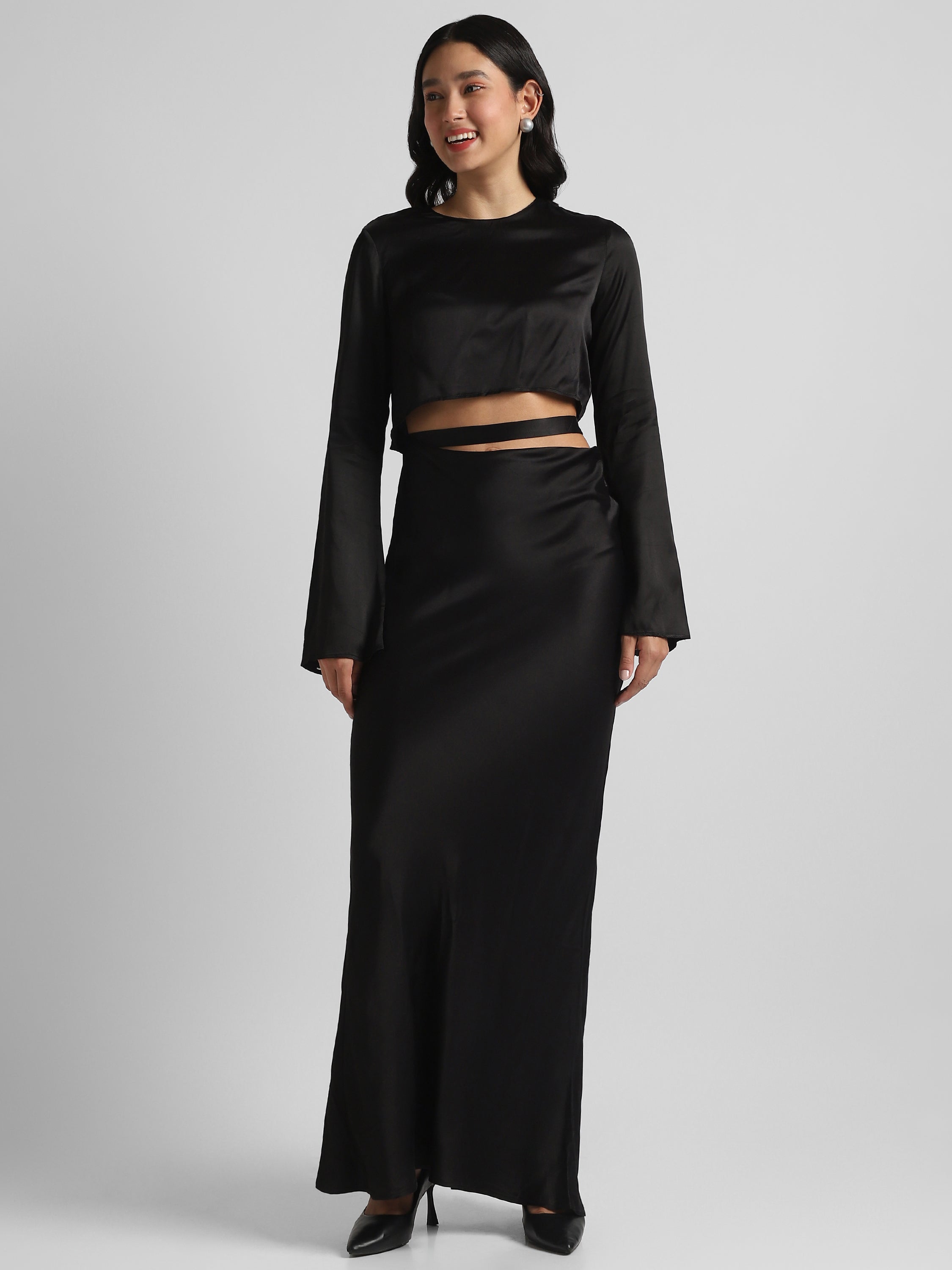 Women Black Maxi Dress with waist cut out