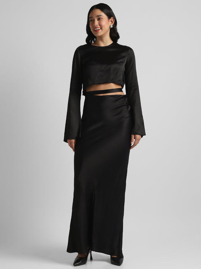 Women Black Maxi Dress with waist cut out