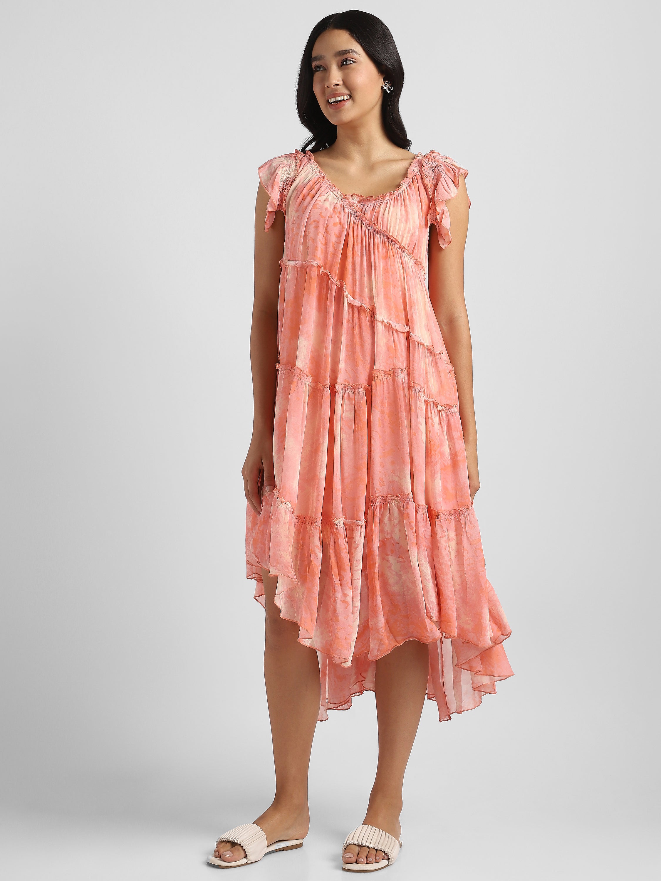 Women Pink Printed high low frilled dress