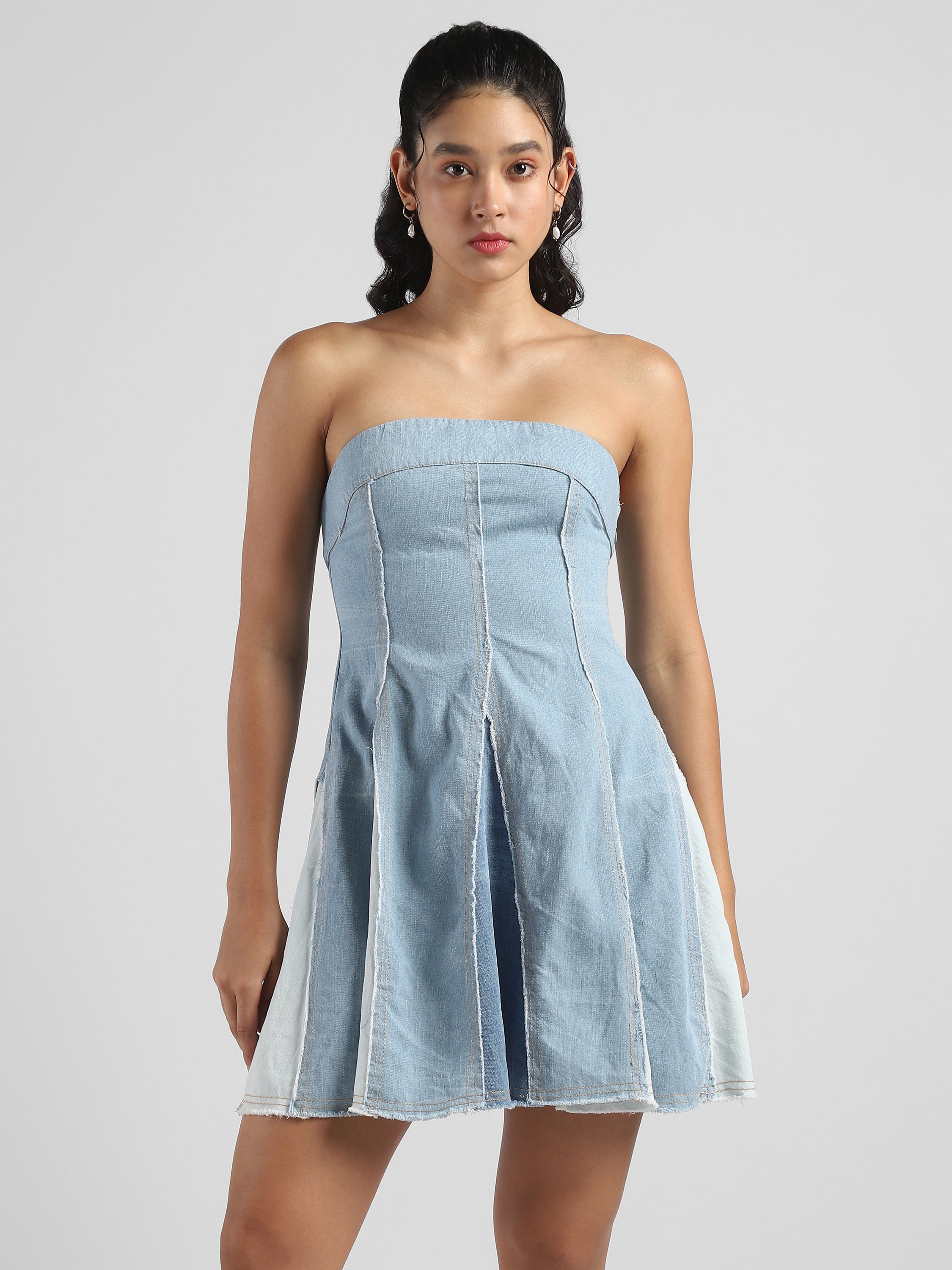 Women Blue Denim Off Shoulder Fit & Flare Dress