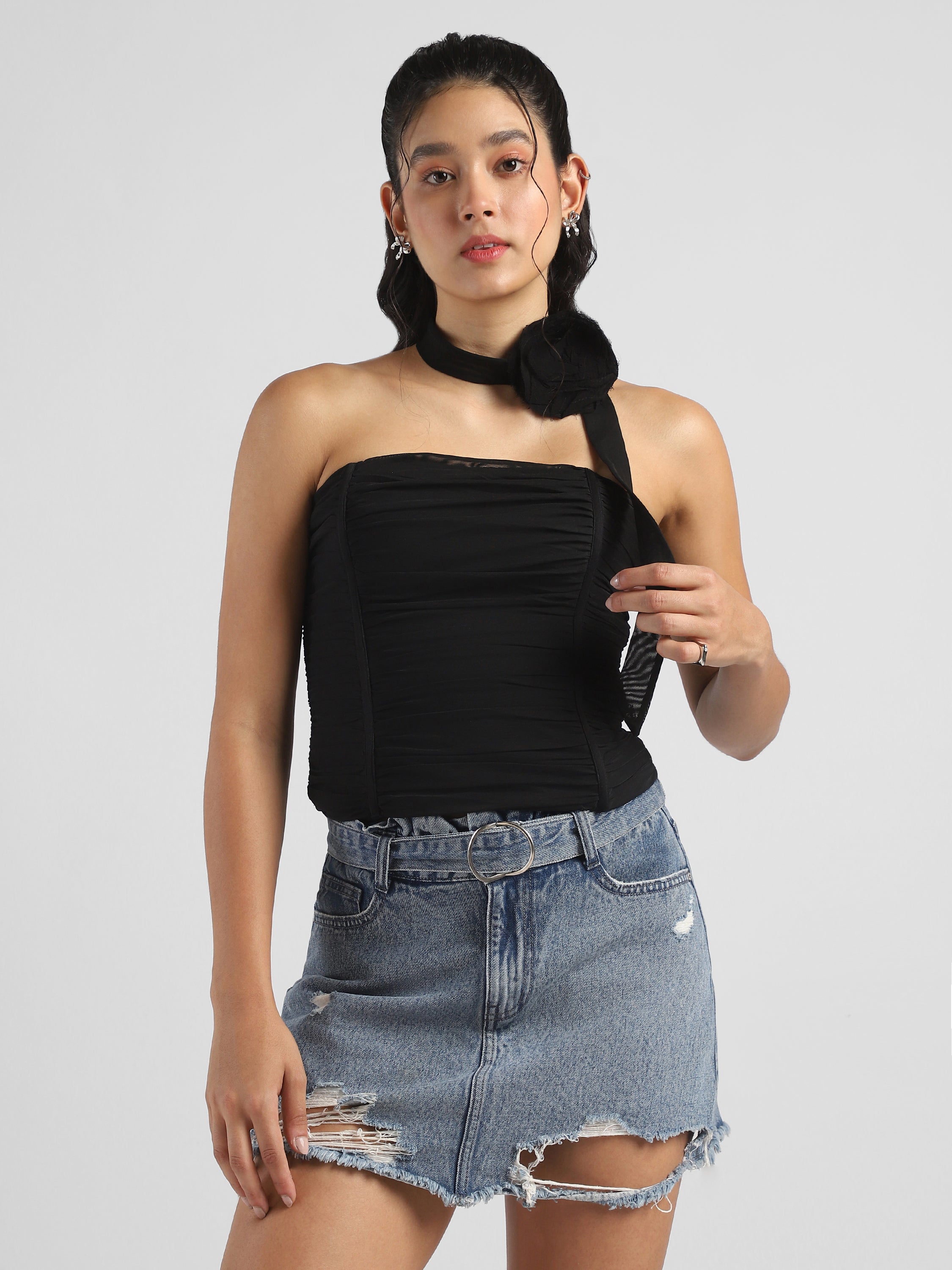 Women Black Corset top with neck tie flower