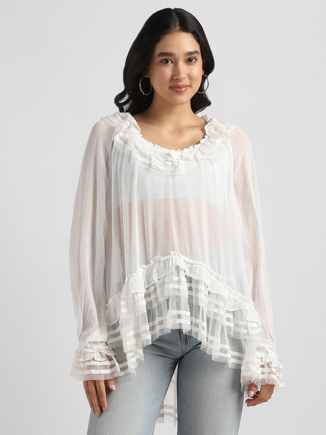 Women White Frilled high low hem top