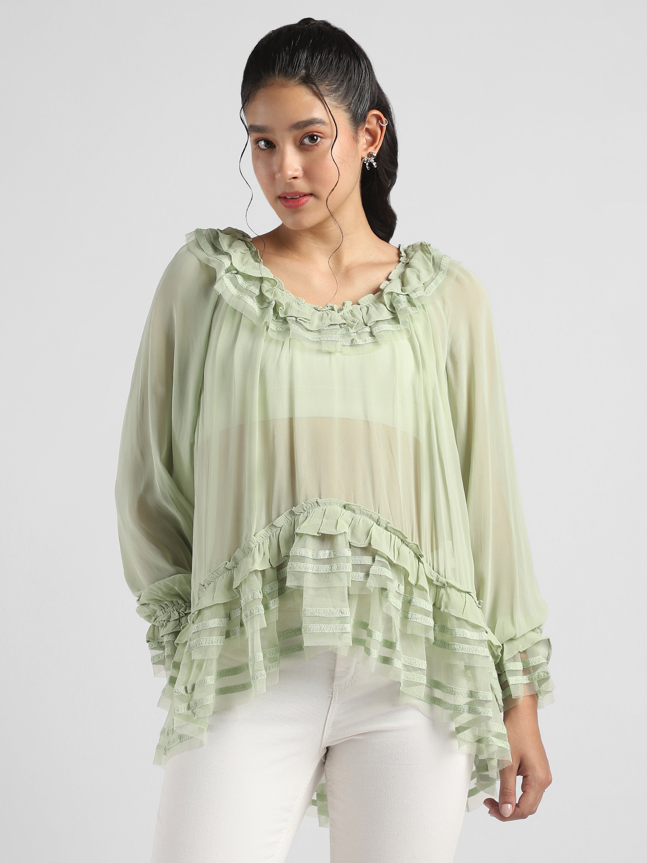 Women Green Frilled high low hem top