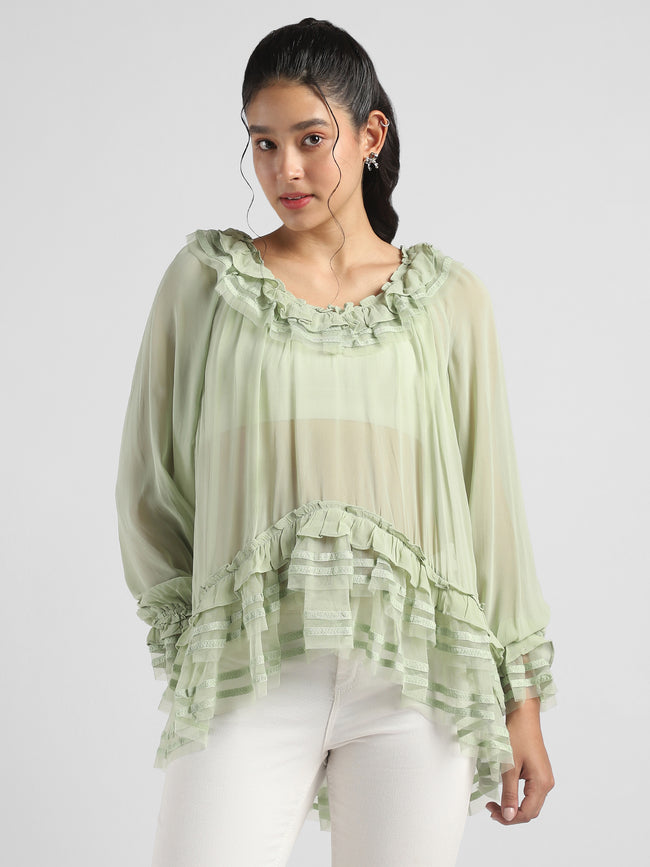 Women Green Frilled high low hem top