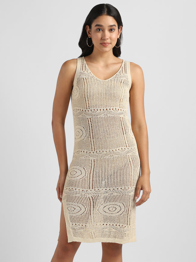 Women Beige Crochet Bodycon Dress
