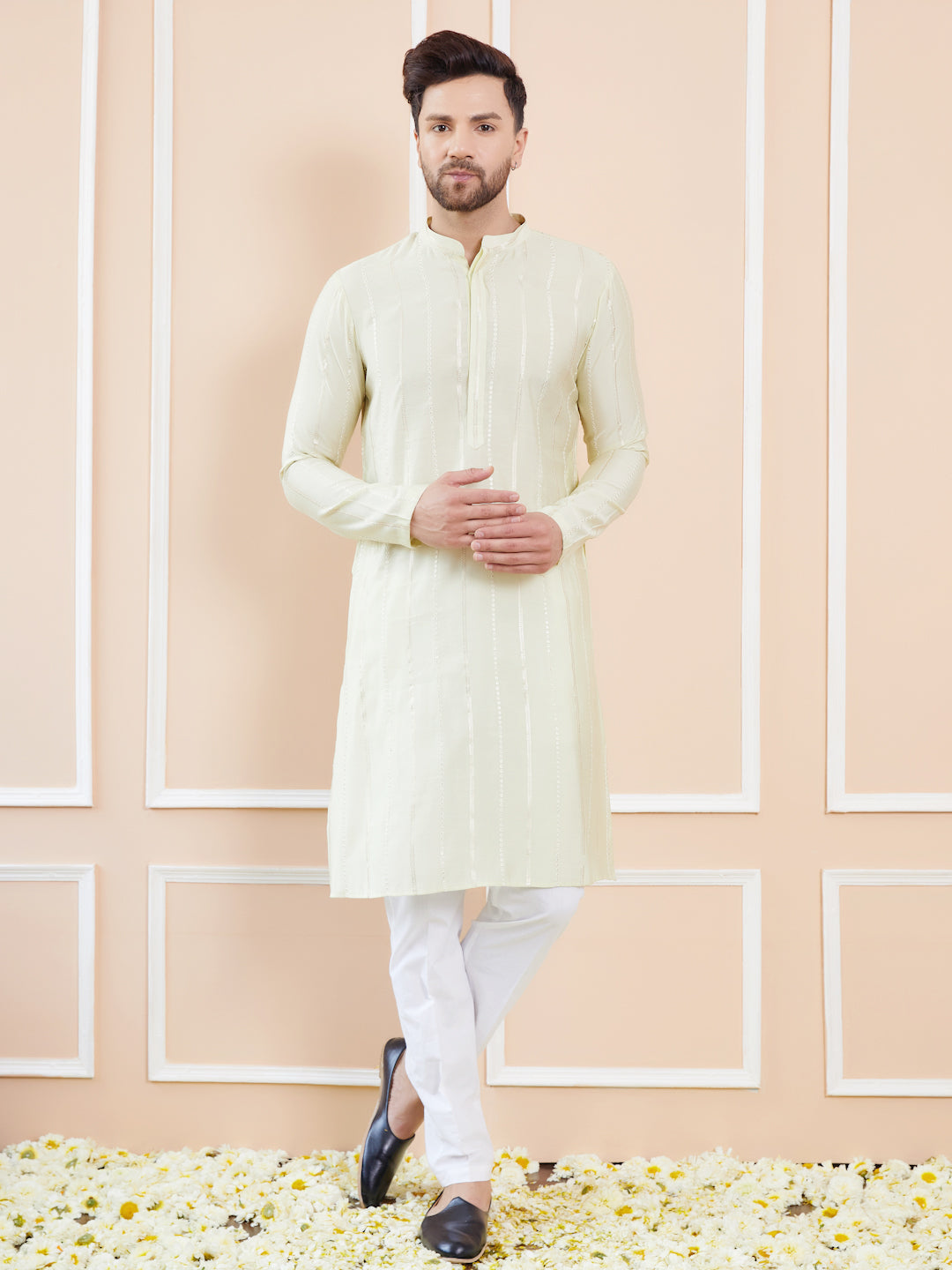 Men Cream And Gold Chanderi Silk Sequins Kurta