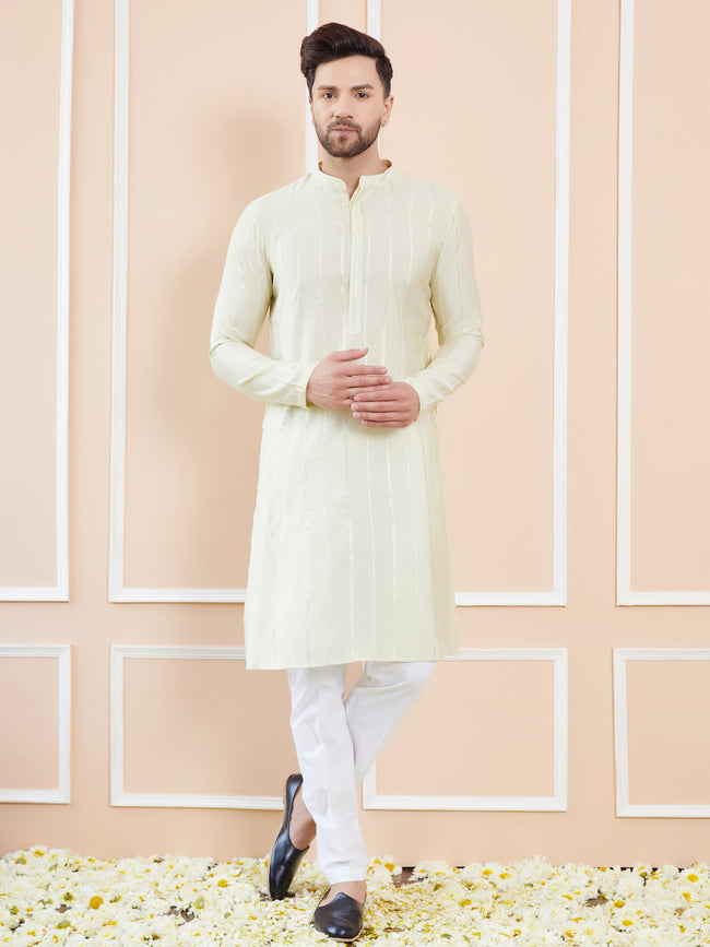 Men Cream And Gold Chanderi Silk Sequins Kurta