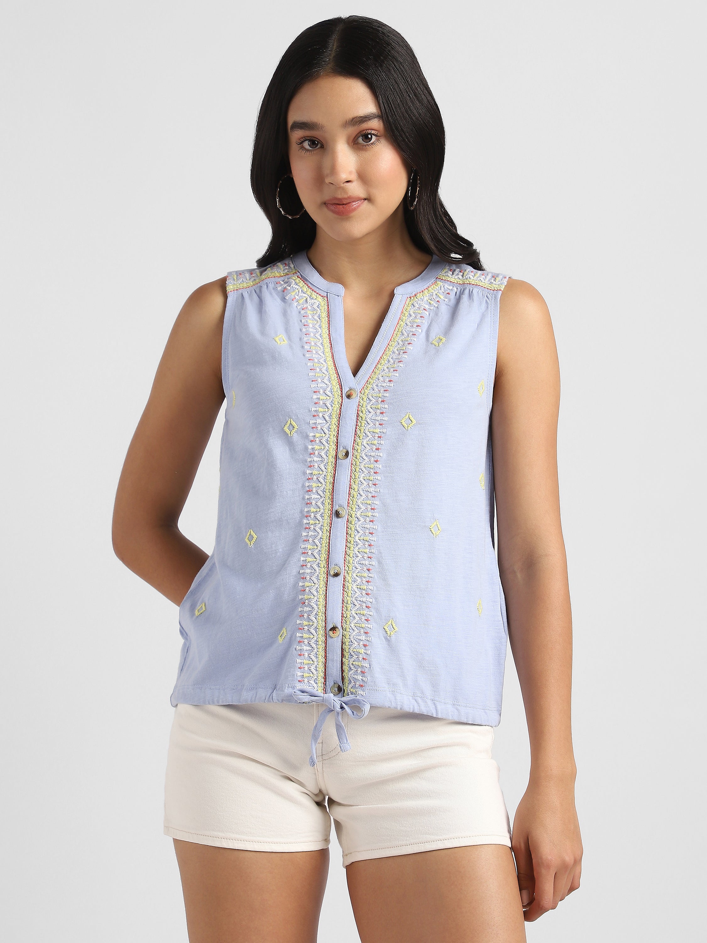 Women Blue Embroidered Top with front tie