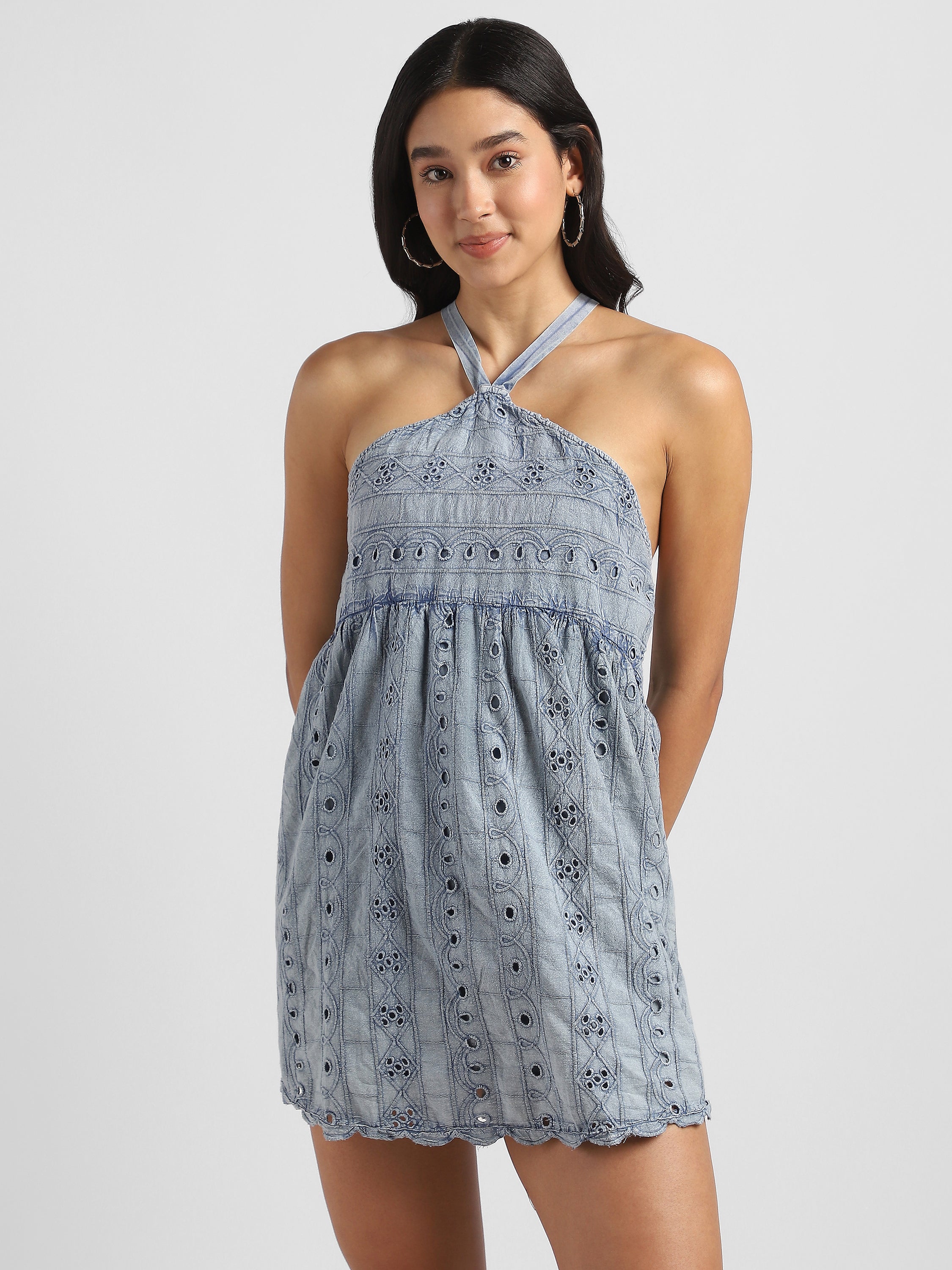 Women Blue Shiffli Halter Neck Backless Dress