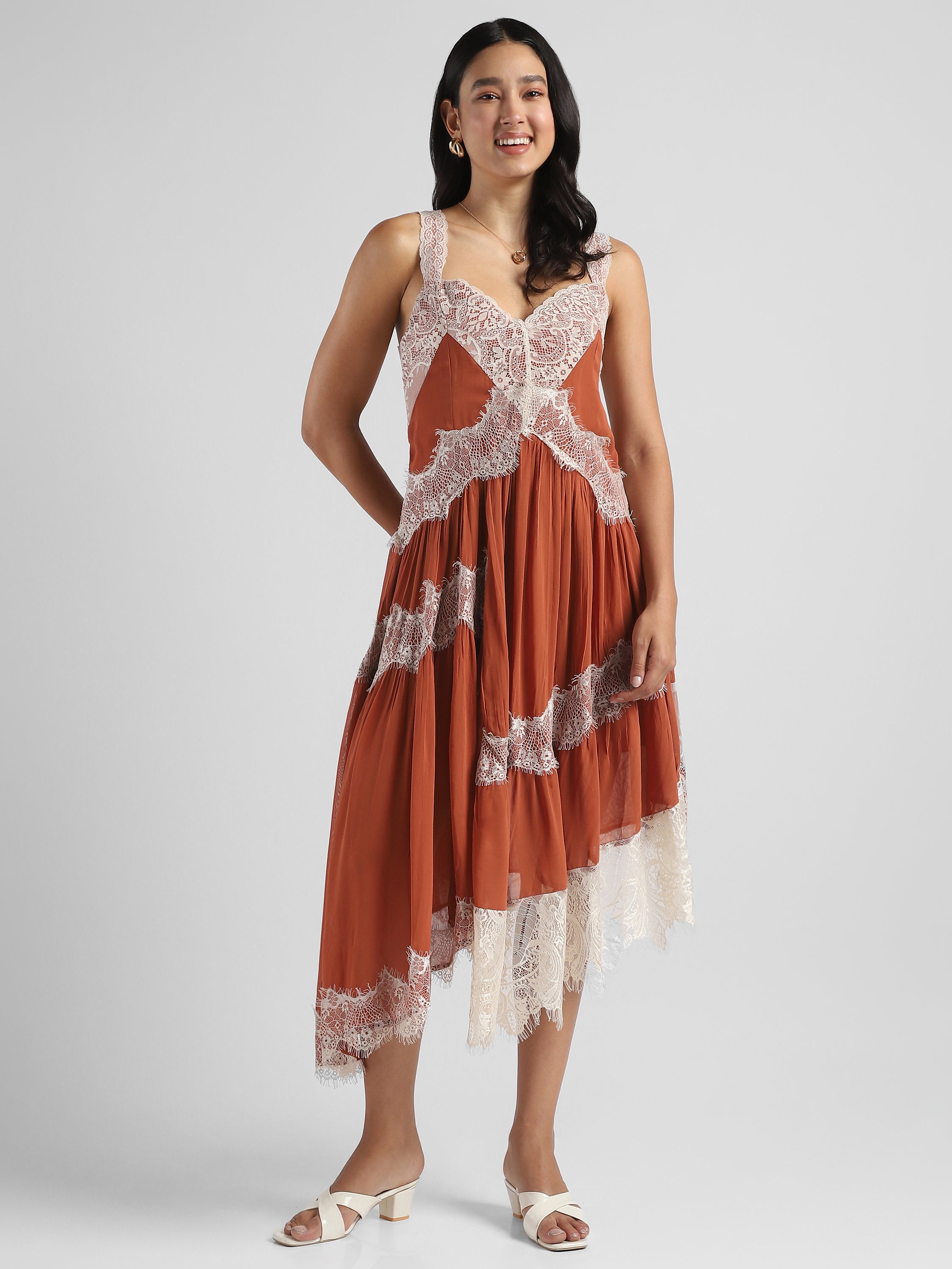 Women Brown high low hem dress with lace inserts