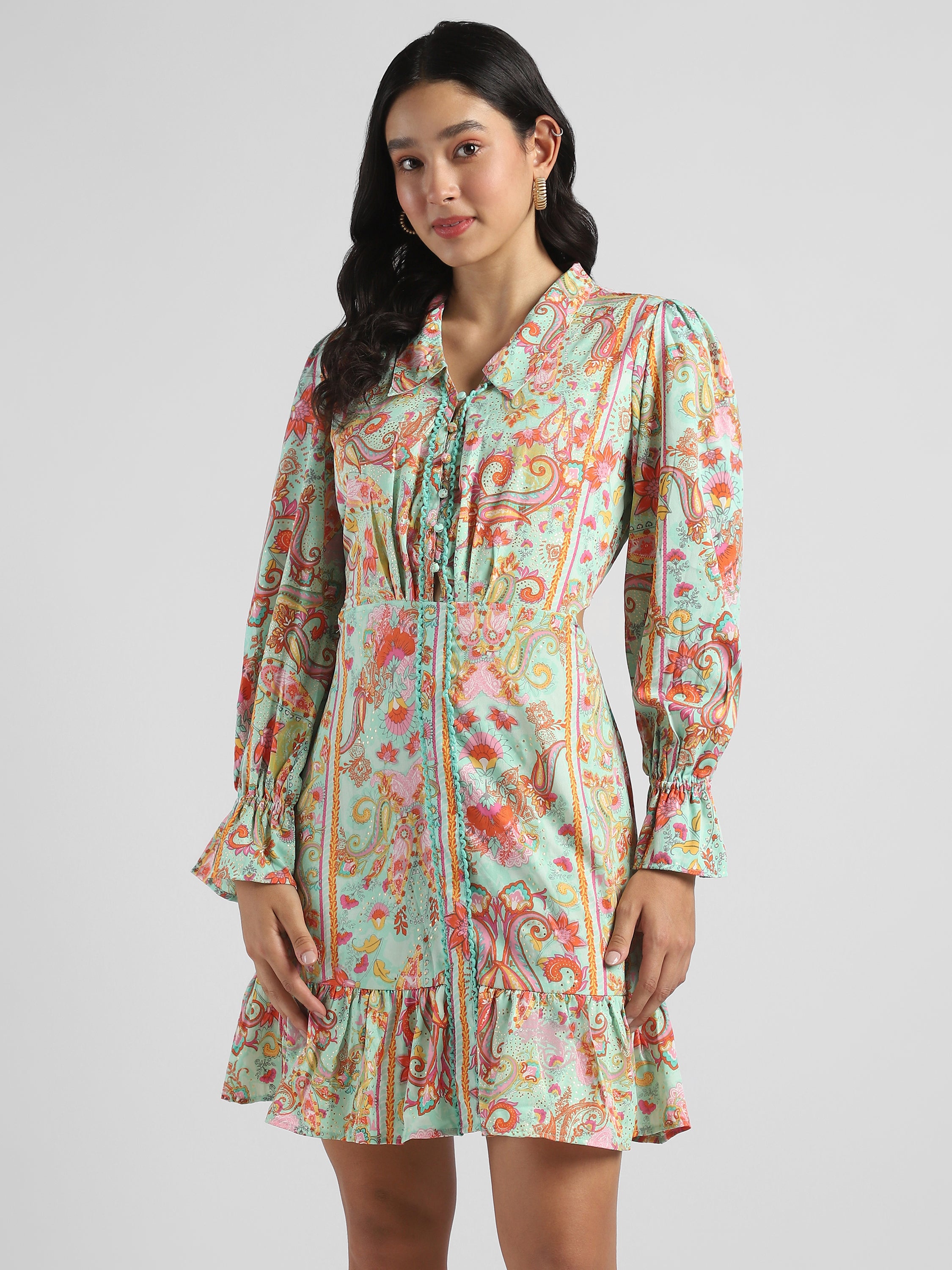 Women Pistachio Green Printed Fit & Flare dress with waist cut out