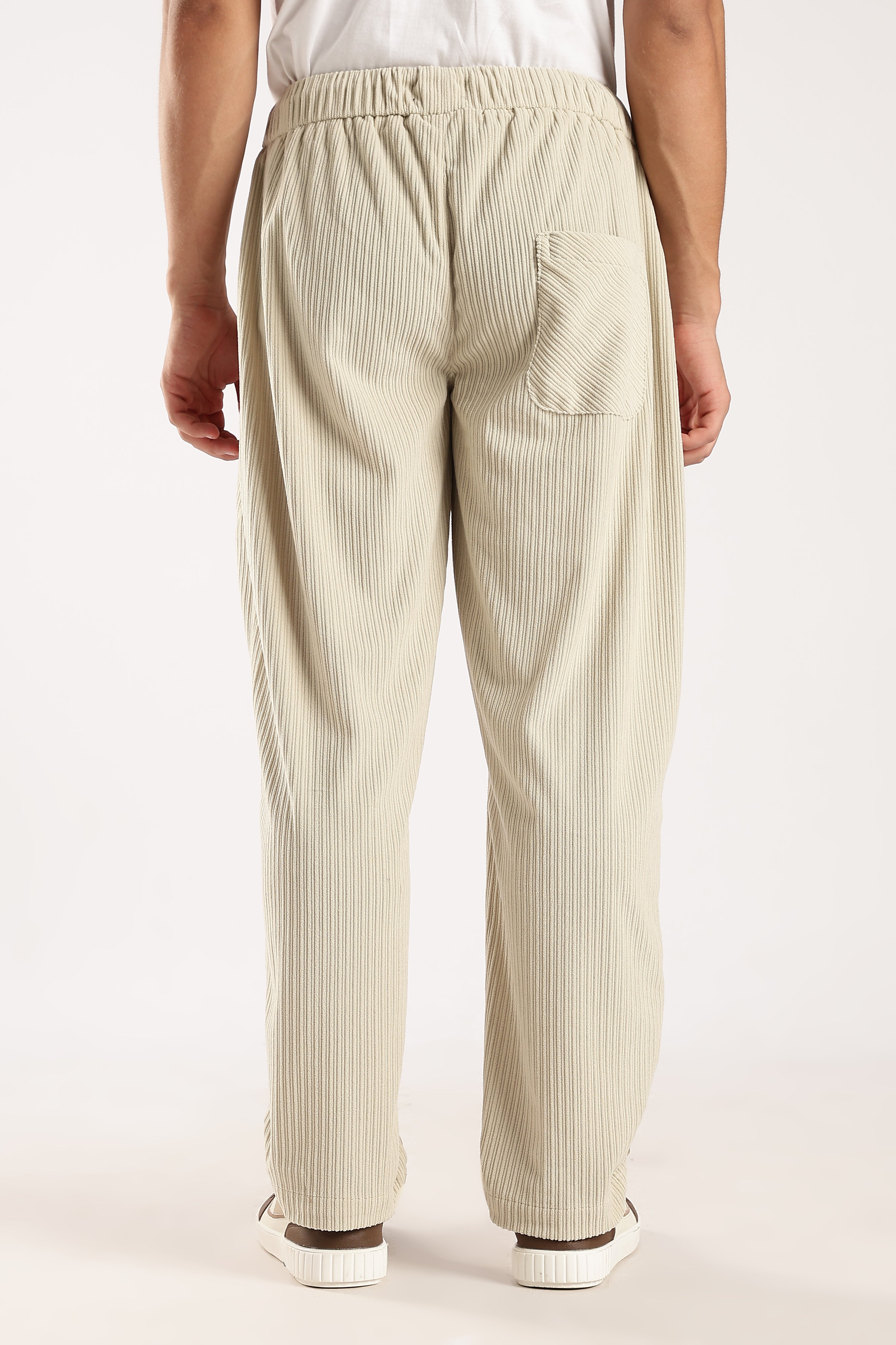 Men Cream Textured Drawcord Trousers