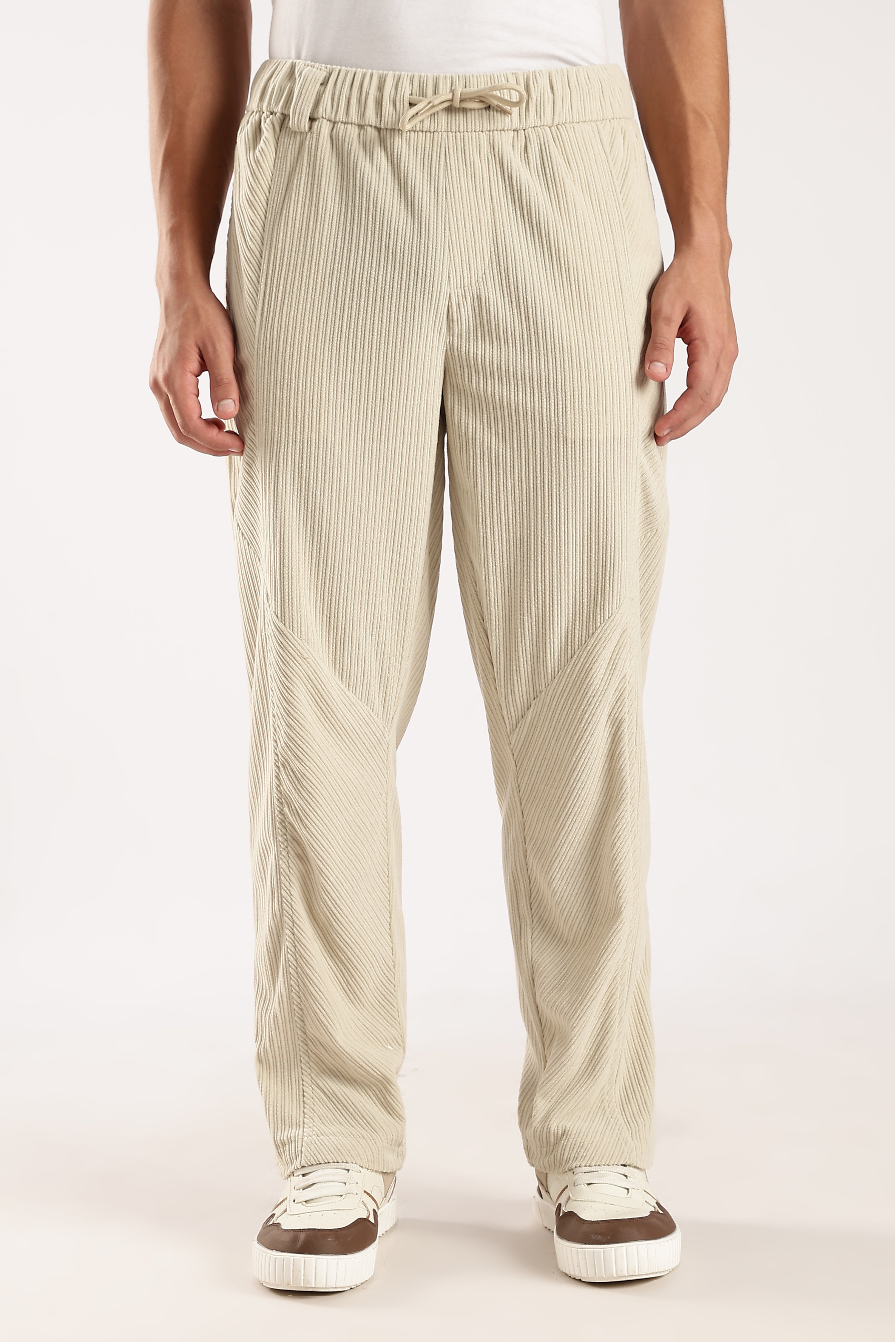 Men Cream Textured Drawcord Trousers