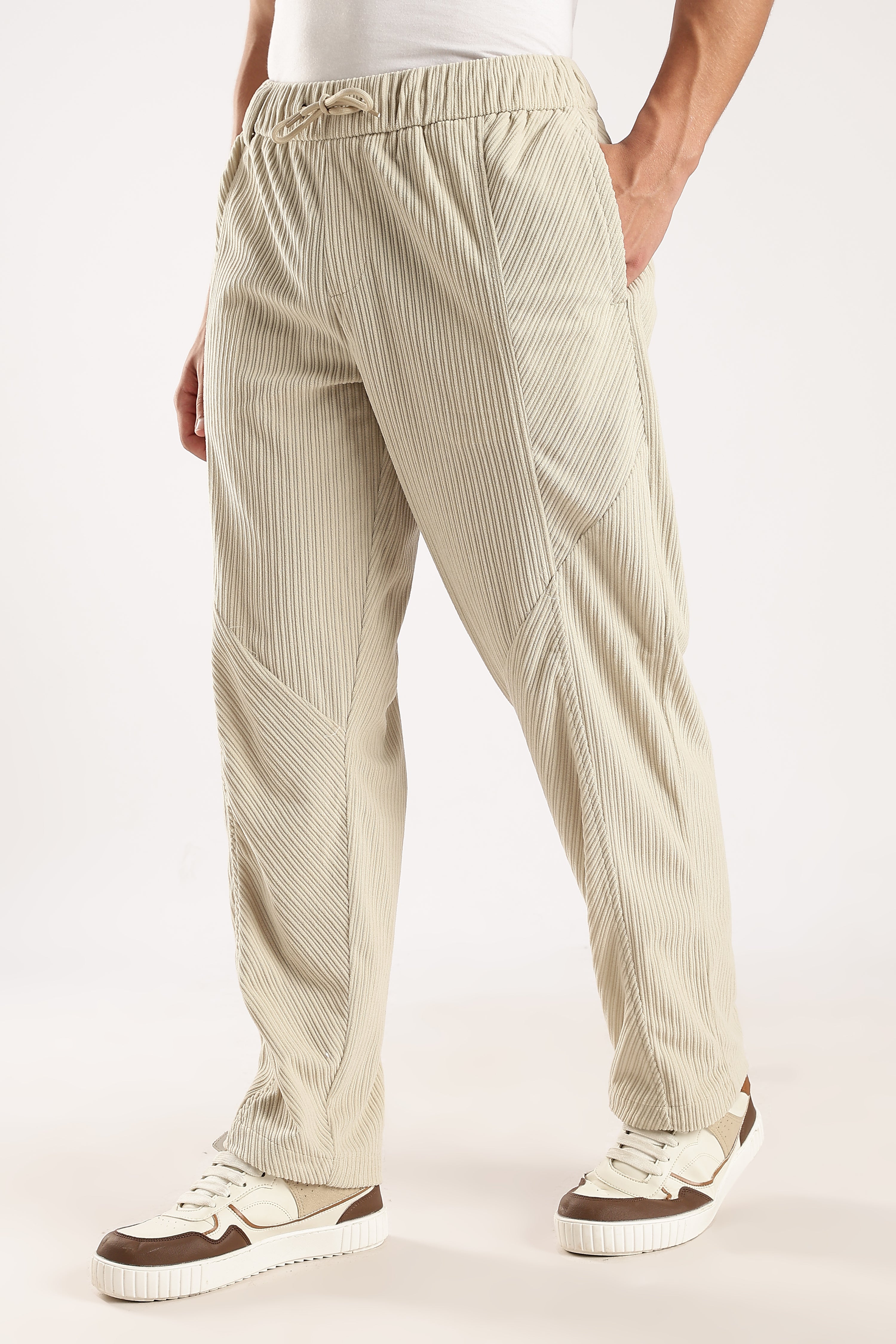 Men Cream Textured Drawcord Trousers