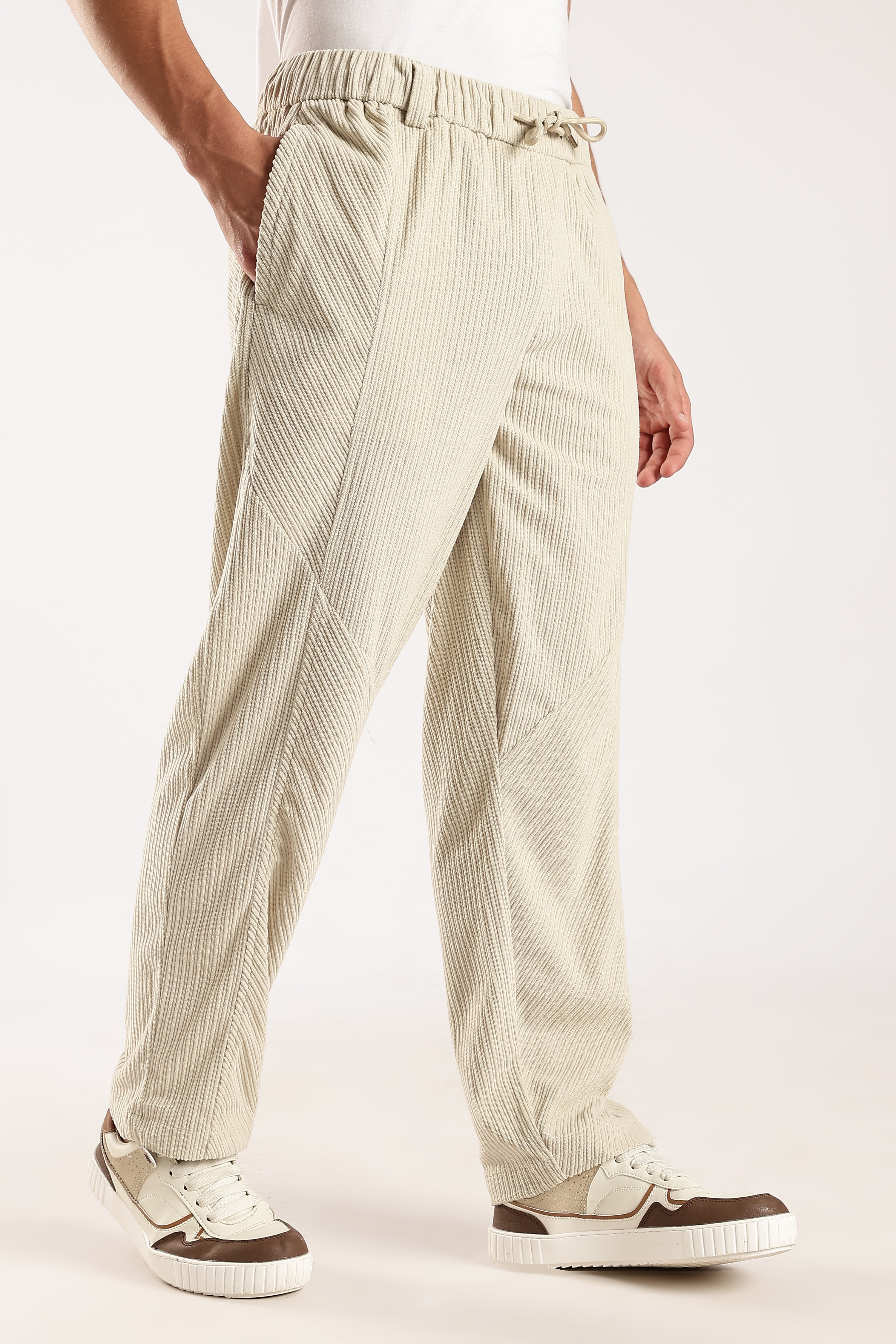 Men Cream Textured Drawcord Trousers