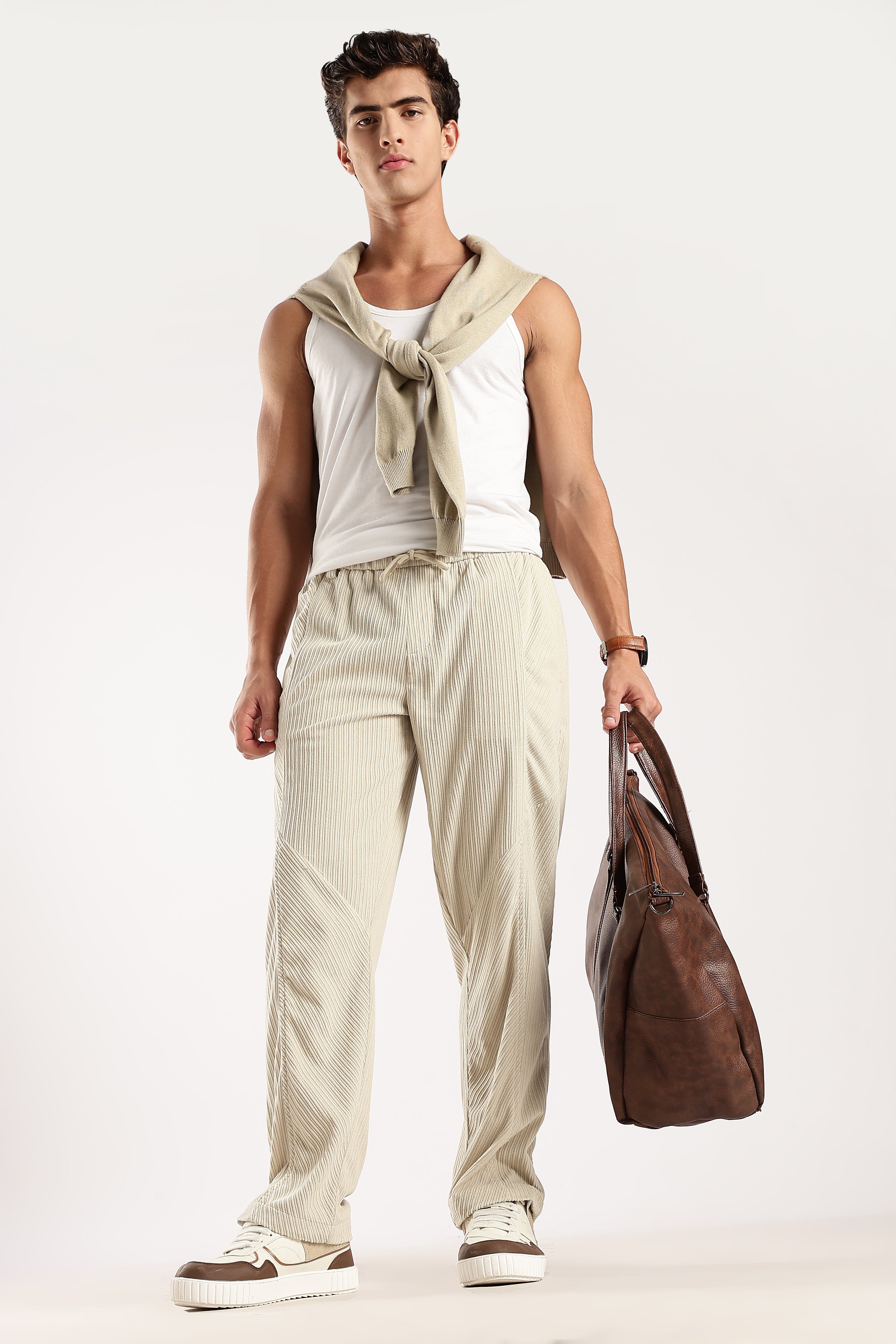 Men Cream Textured Drawcord Trousers