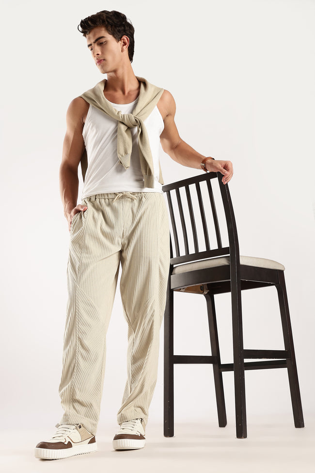 Men Cream Textured Drawcord Trousers