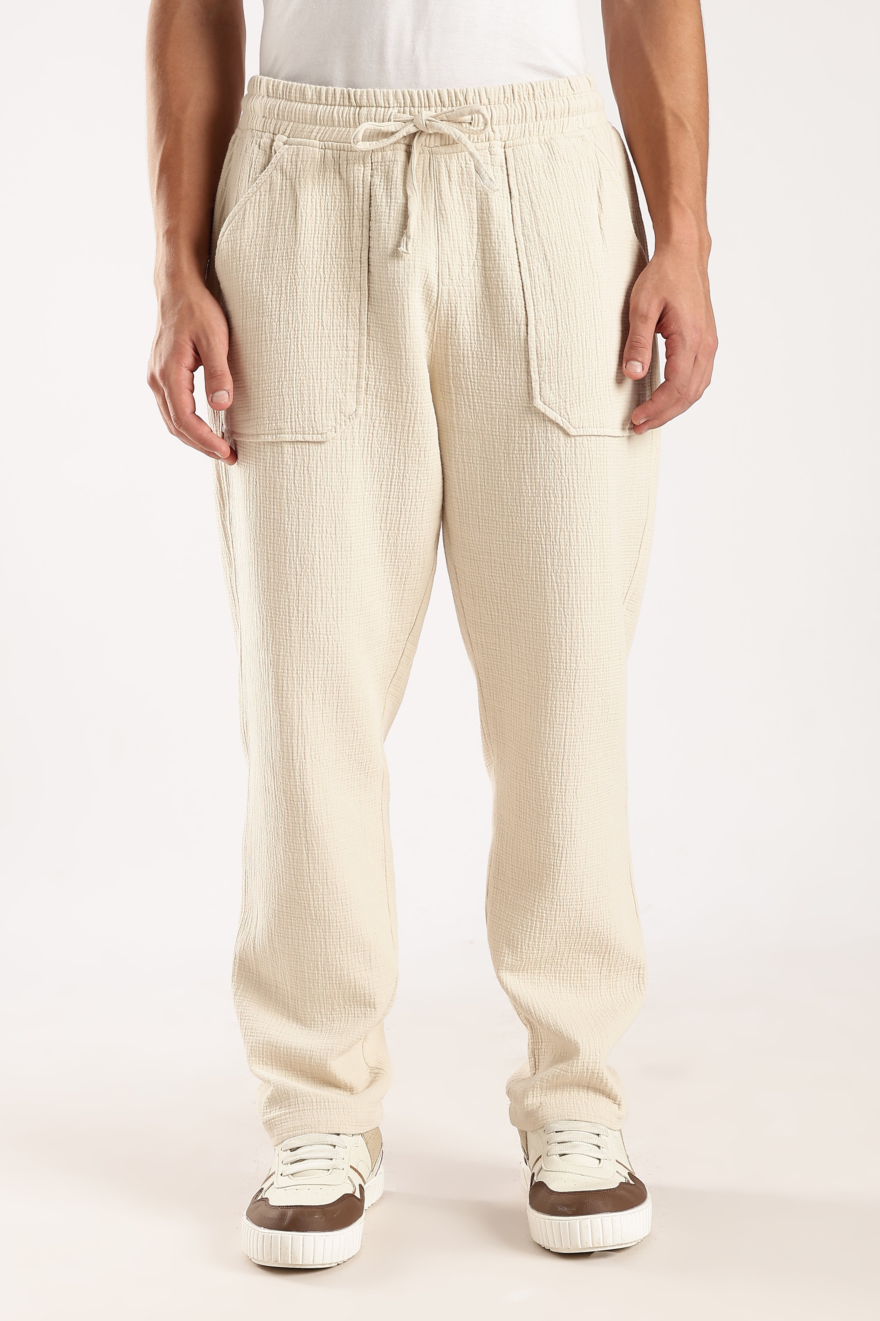 Men Off White Drawcord Trousers