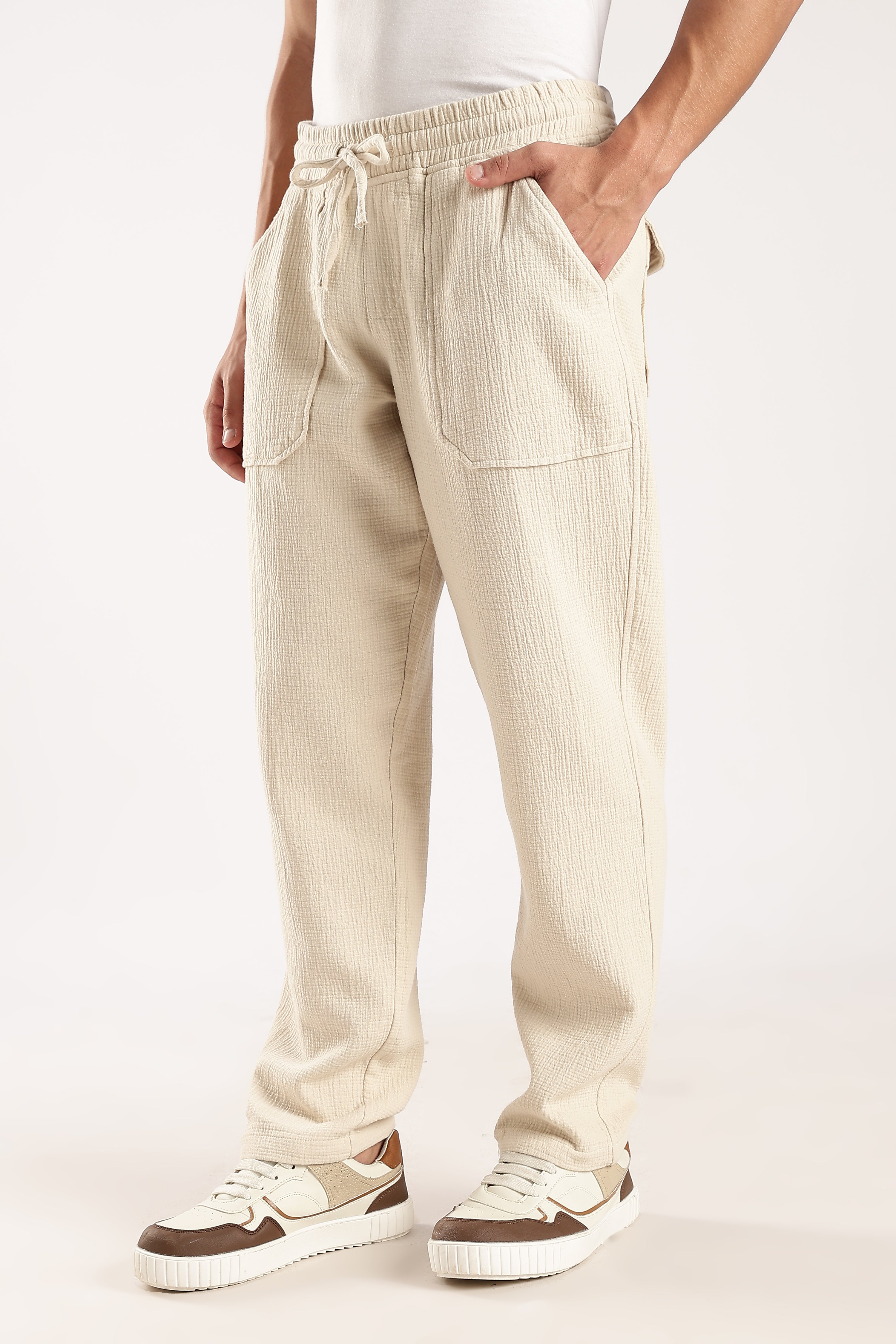 Men Off White Drawcord Trousers