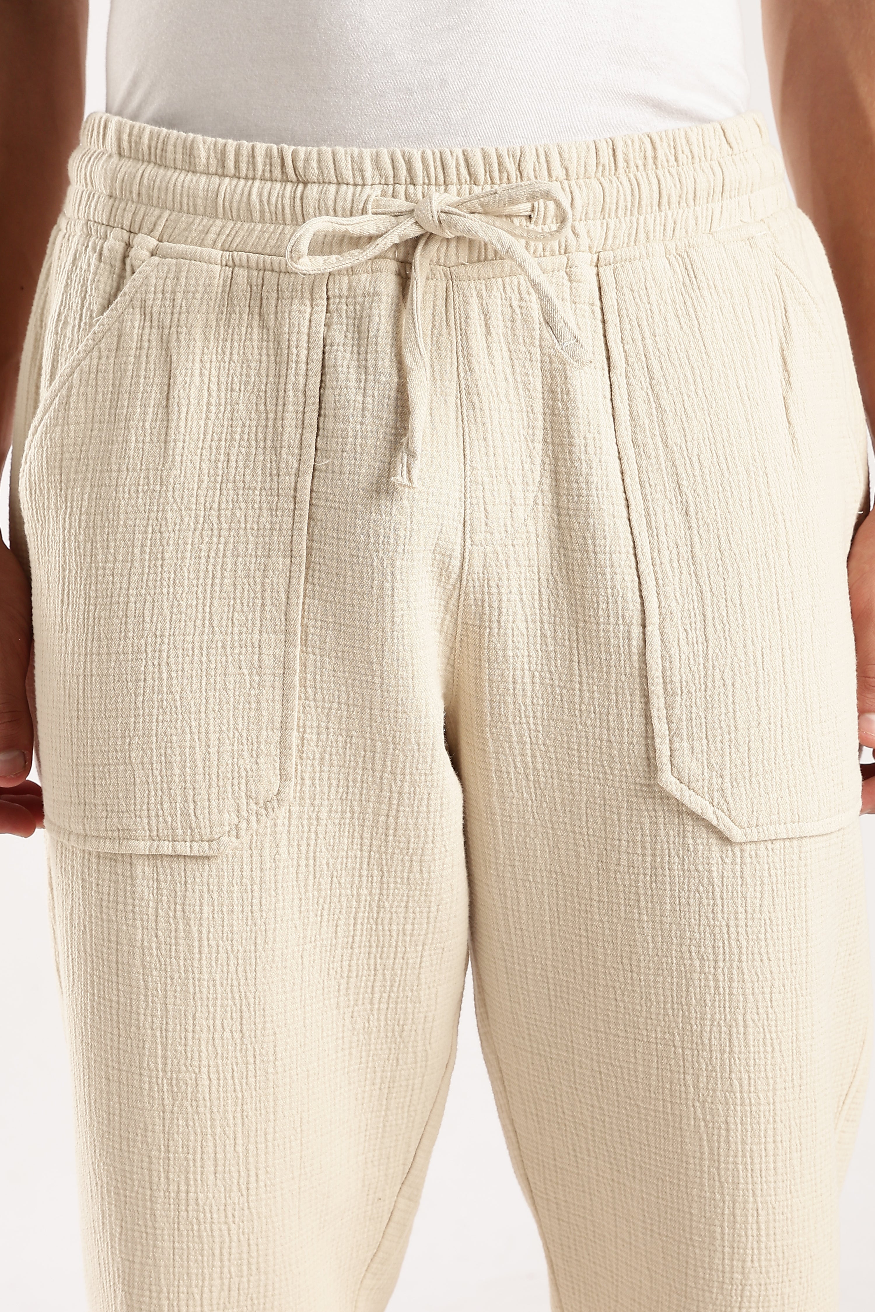 Men Off White Drawcord Trousers