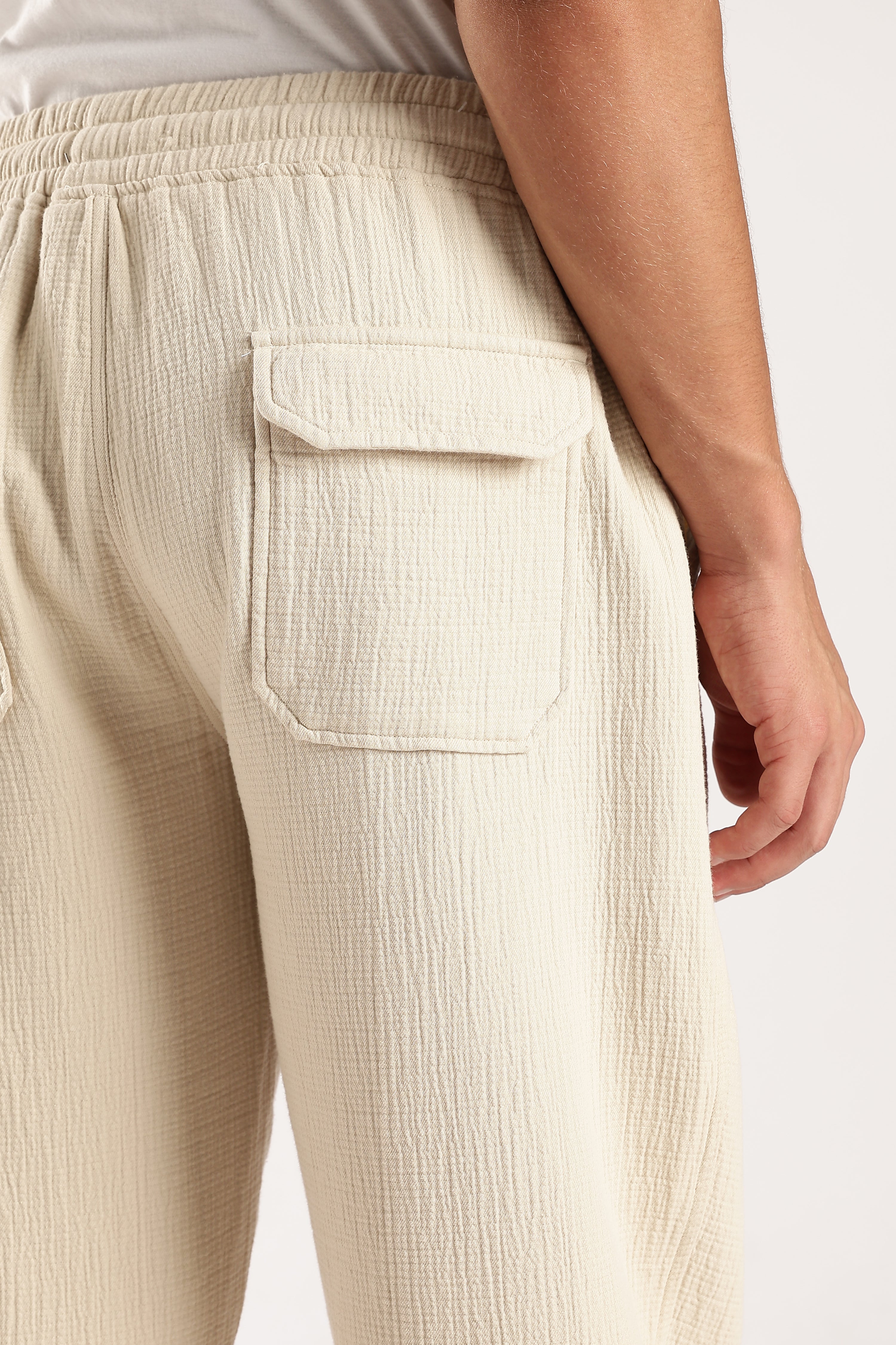 Men Off White Drawcord Trousers